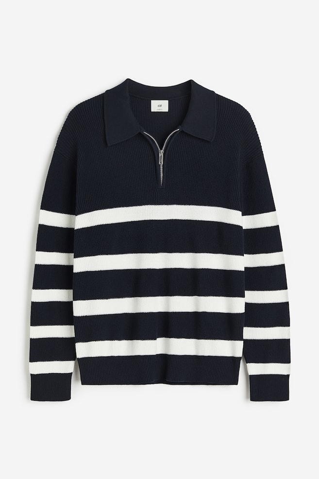 Loose Fit Zip-top polo jumper - Navy blue/Striped/White/Dark blue striped - 2