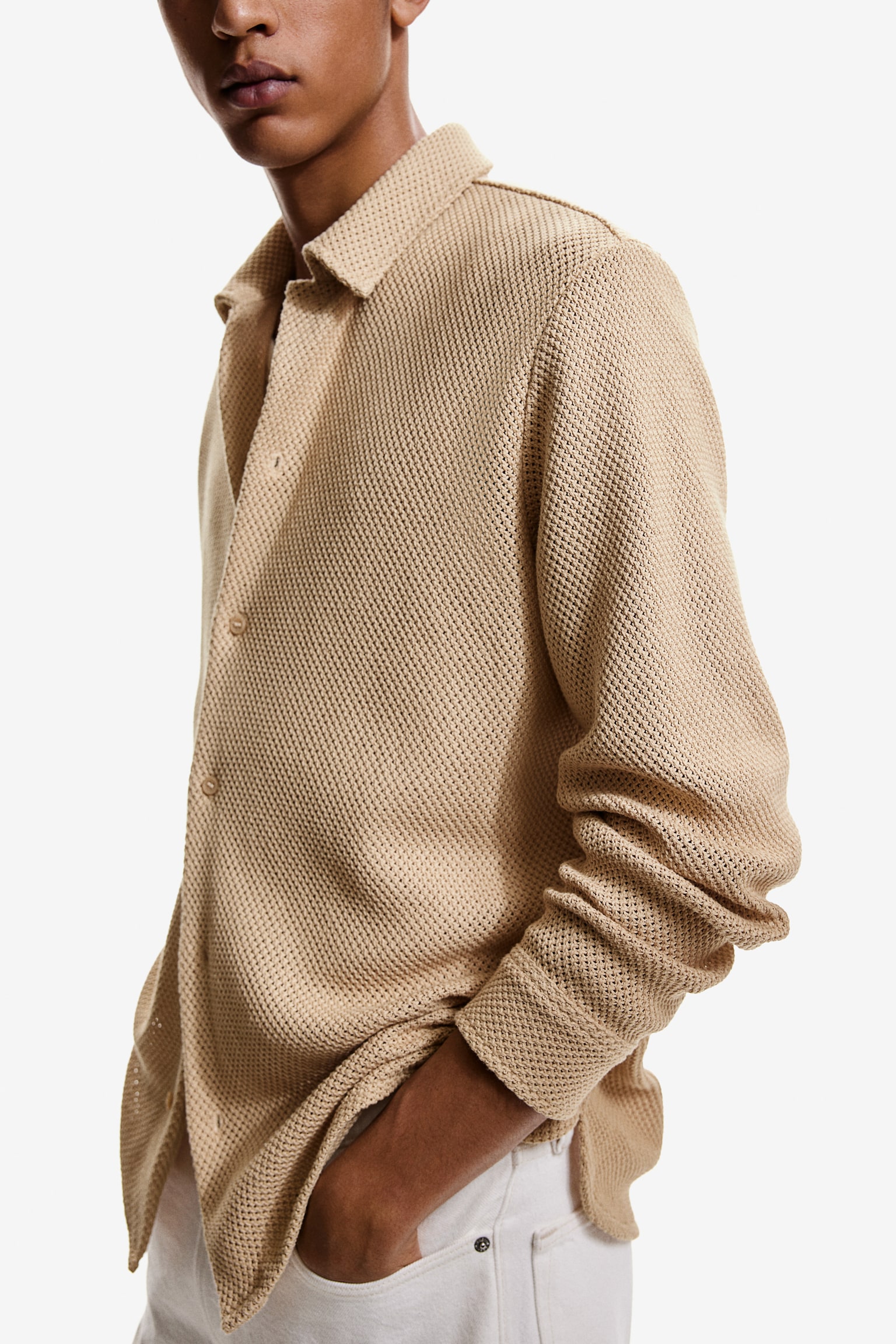 Regular Fit Hole Knit Shirt - Beige/Black - 3