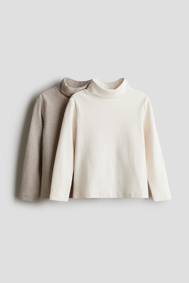 2-pack ribbed polo-neck tops - Beige/White/Dark dusty pink/Cream striped - 1
