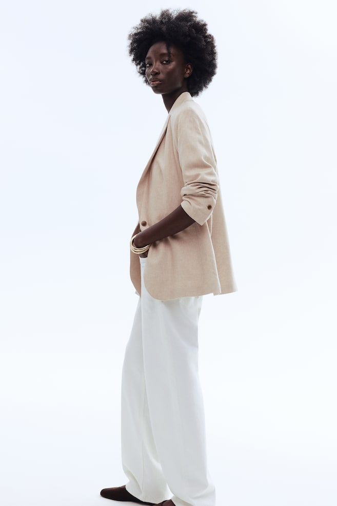 Linen-Blend Blazer - Light beige/Dark khaki green/White - 2