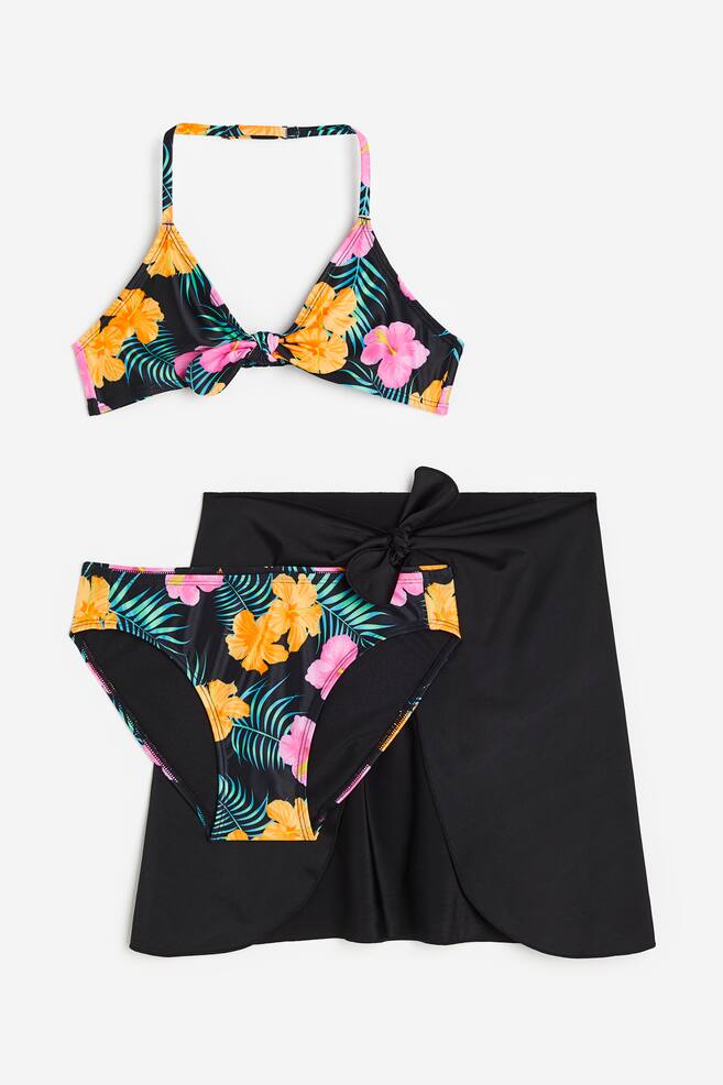 3-piece bikini and skirt set - Black/Floral/Turquoise/Floral - 1
