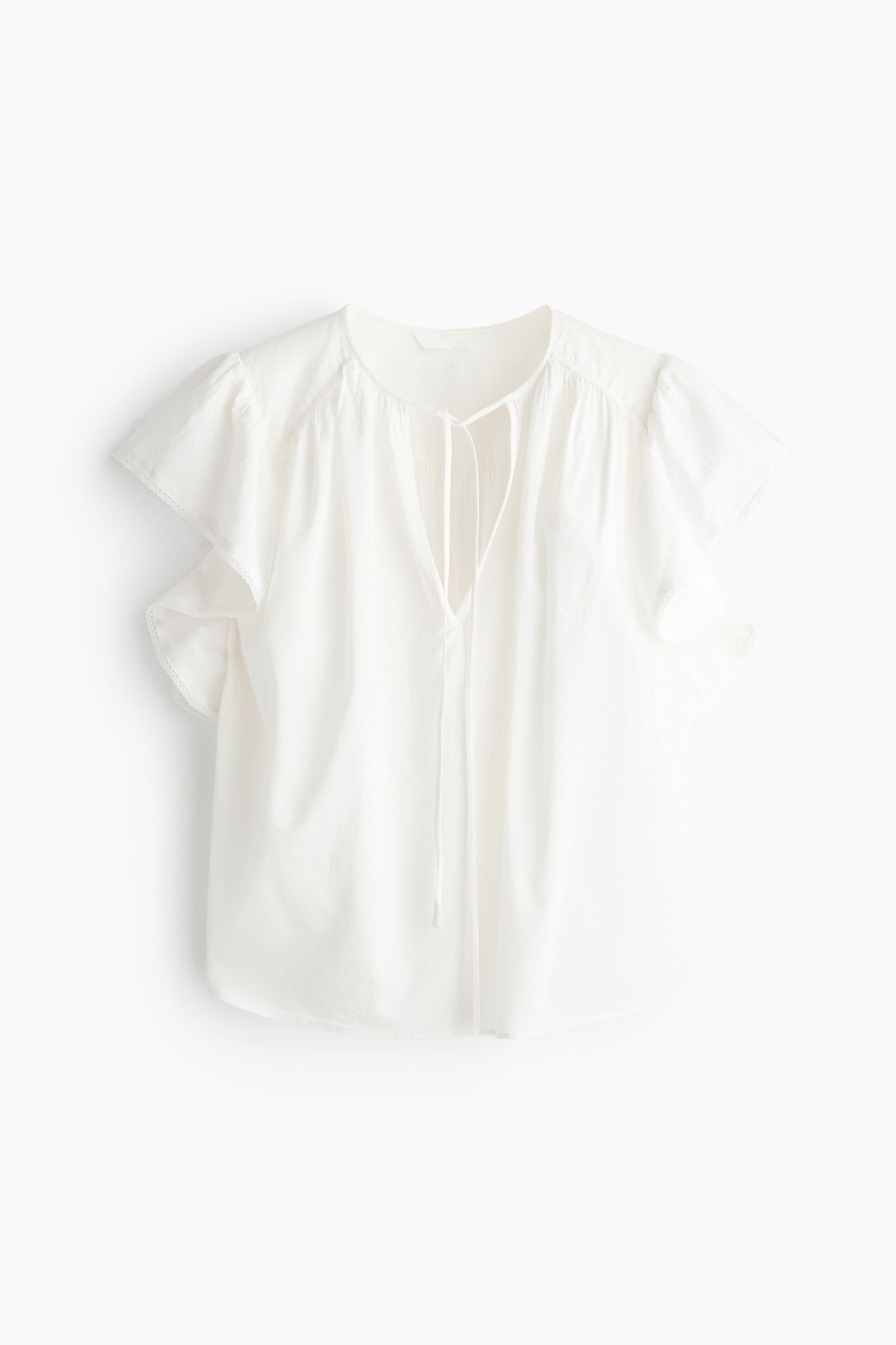 Flutter-sleeved lace-trimmed blouse - White/Light blue - 1