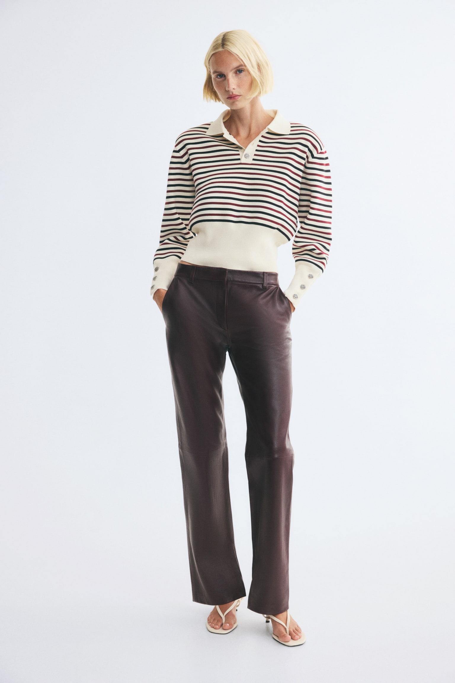 Женское поло H&M Fine-Knit Polo Shirt with Shoulder Pads, цвет: Кремовый / Полосатый — фото 3