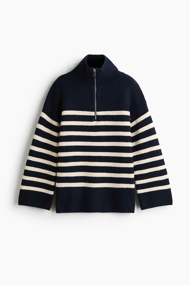 Pull long à col zippé - Bleu marine/rayures crème/Beige clair/Vert kaki foncé - 1