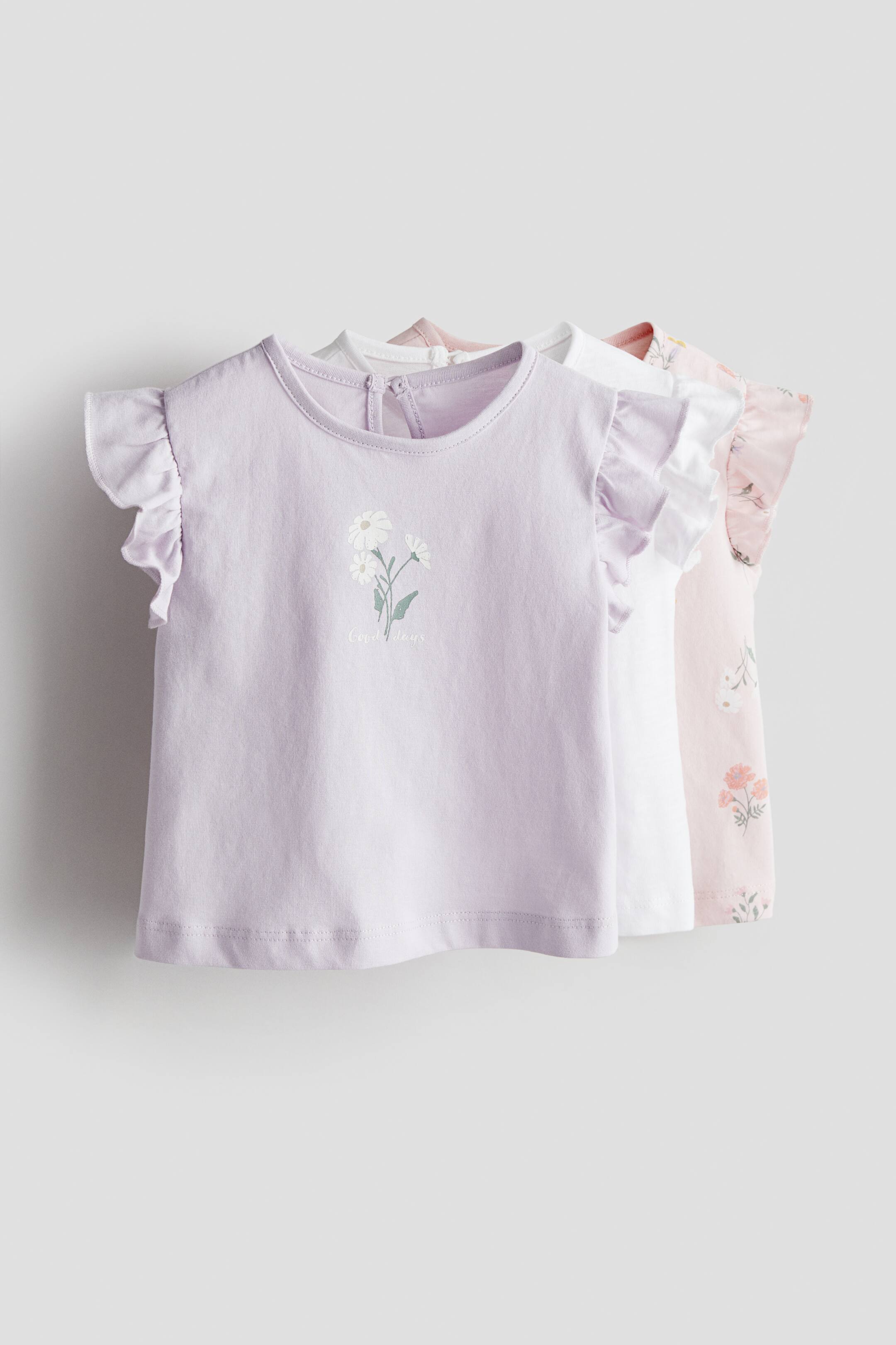 Babyhug 100% Cotton Frill Sleeves Tops with Floral Graphics Pack of 3 - Purple Green & Yellow