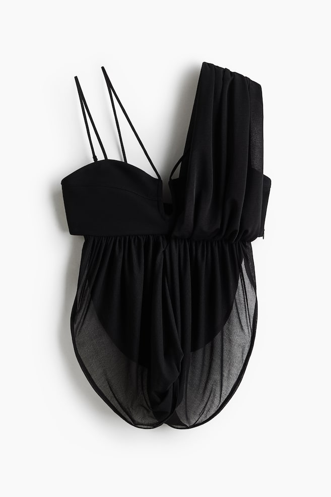 Draped Dual-Fabric Crop Top - Black - 1