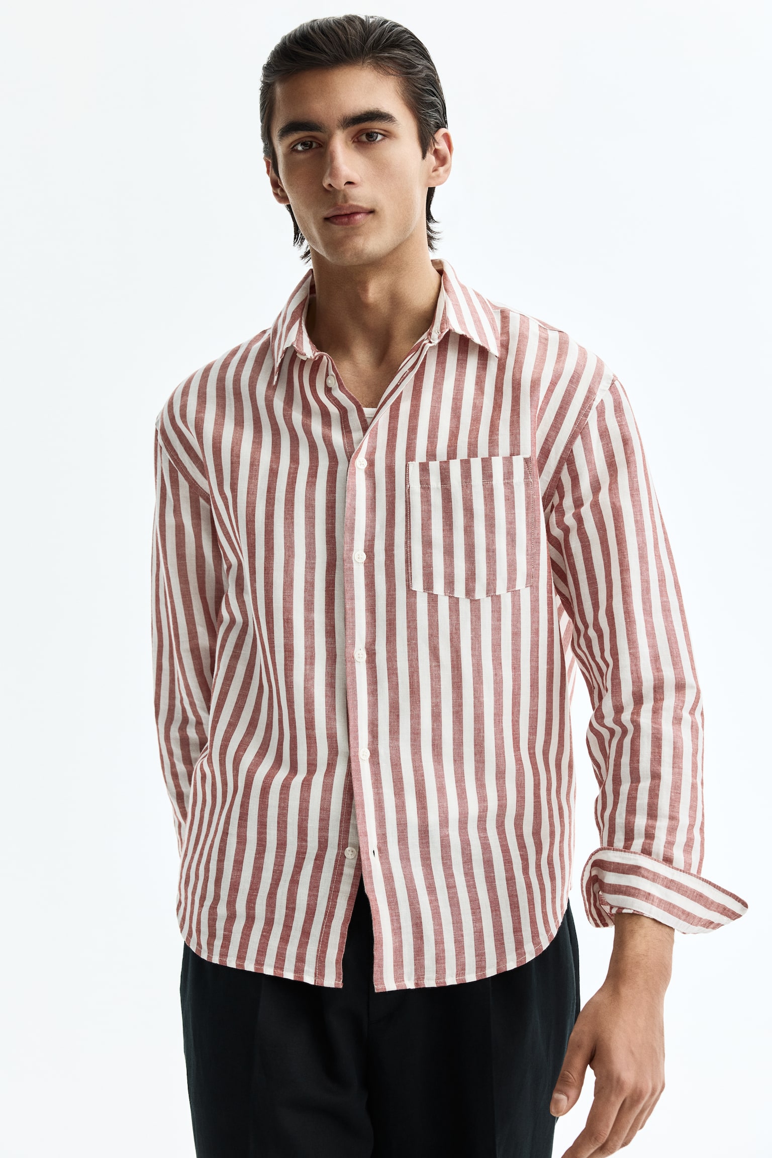 Relaxed Fit Linen-blend shirt - Rust red/Striped/Light blue/White/Light blue/Striped/Light beige/Dark khaki green/Dark brown - 5