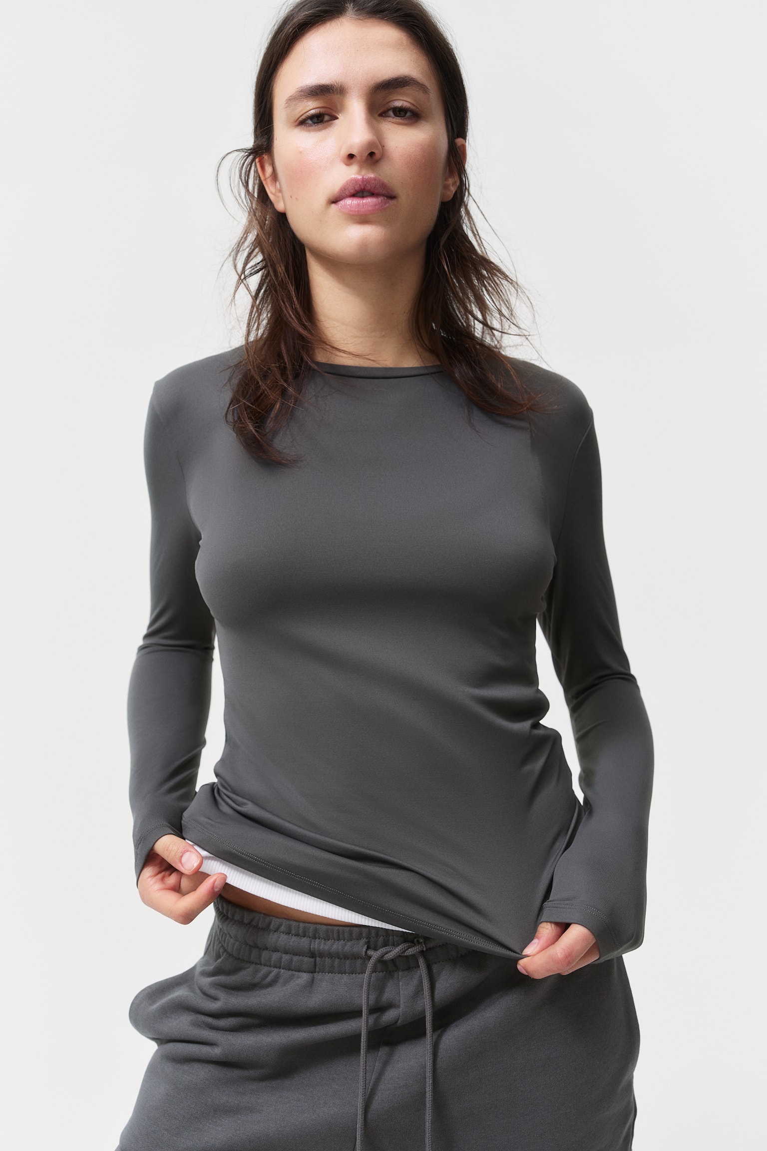 Long Sleeve Microfibre Top - Dark grey/White/Greige/Beige/Natural white/Black/Dark brown/Dusty green - 1