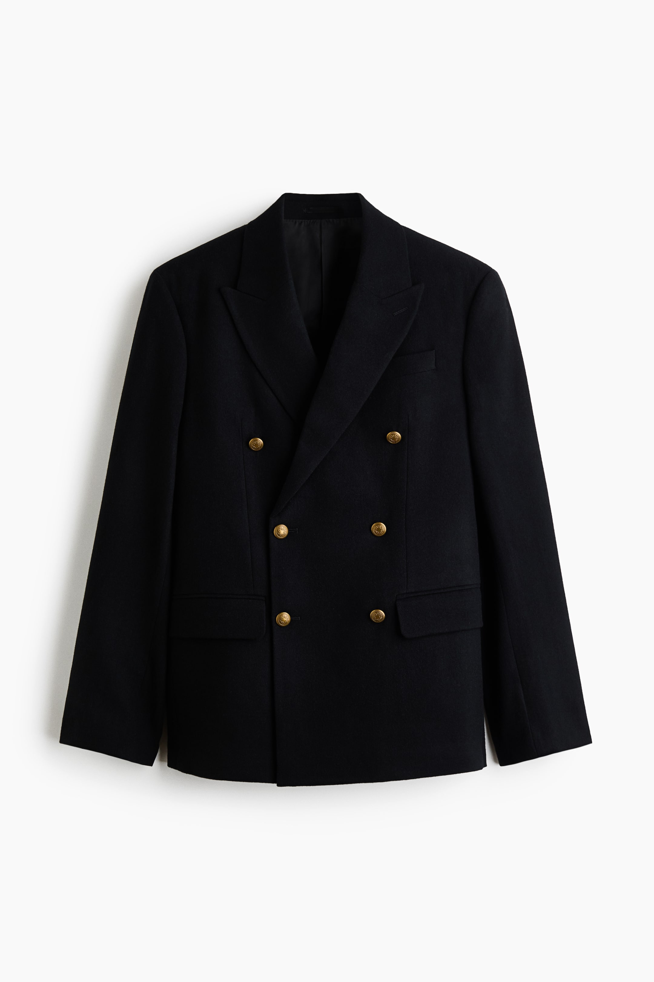 View larger image: A black double-breasted wool-blend jacket is shown front-facing, featuring peak lapels, a chest welt pocket, and two lower flap pockets. The jacket features six gold-toned engraved metal buttons arranged in a double-breasted closure.