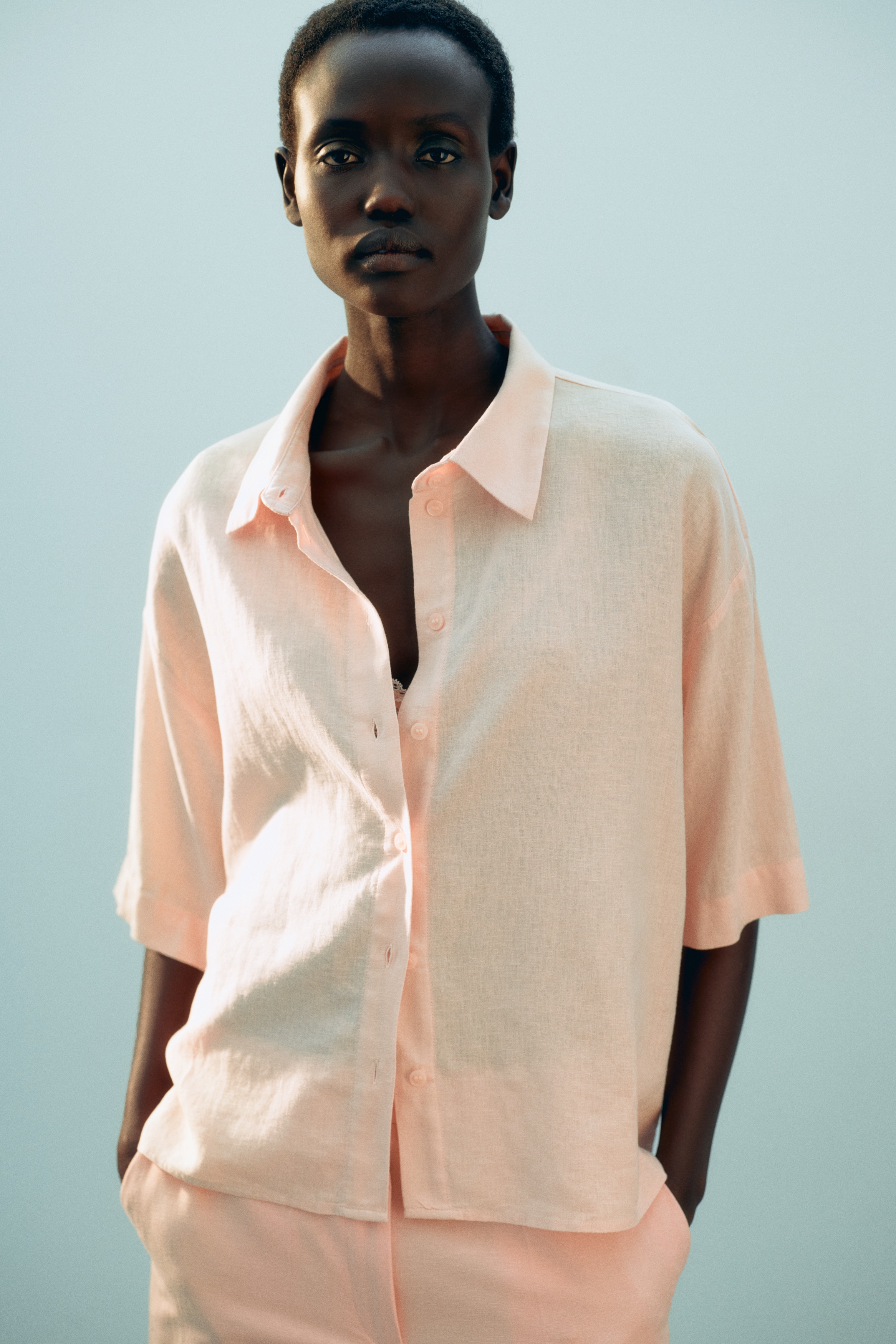 Linen-blend shirt - Powder pink/White/Bright red/Dark brown