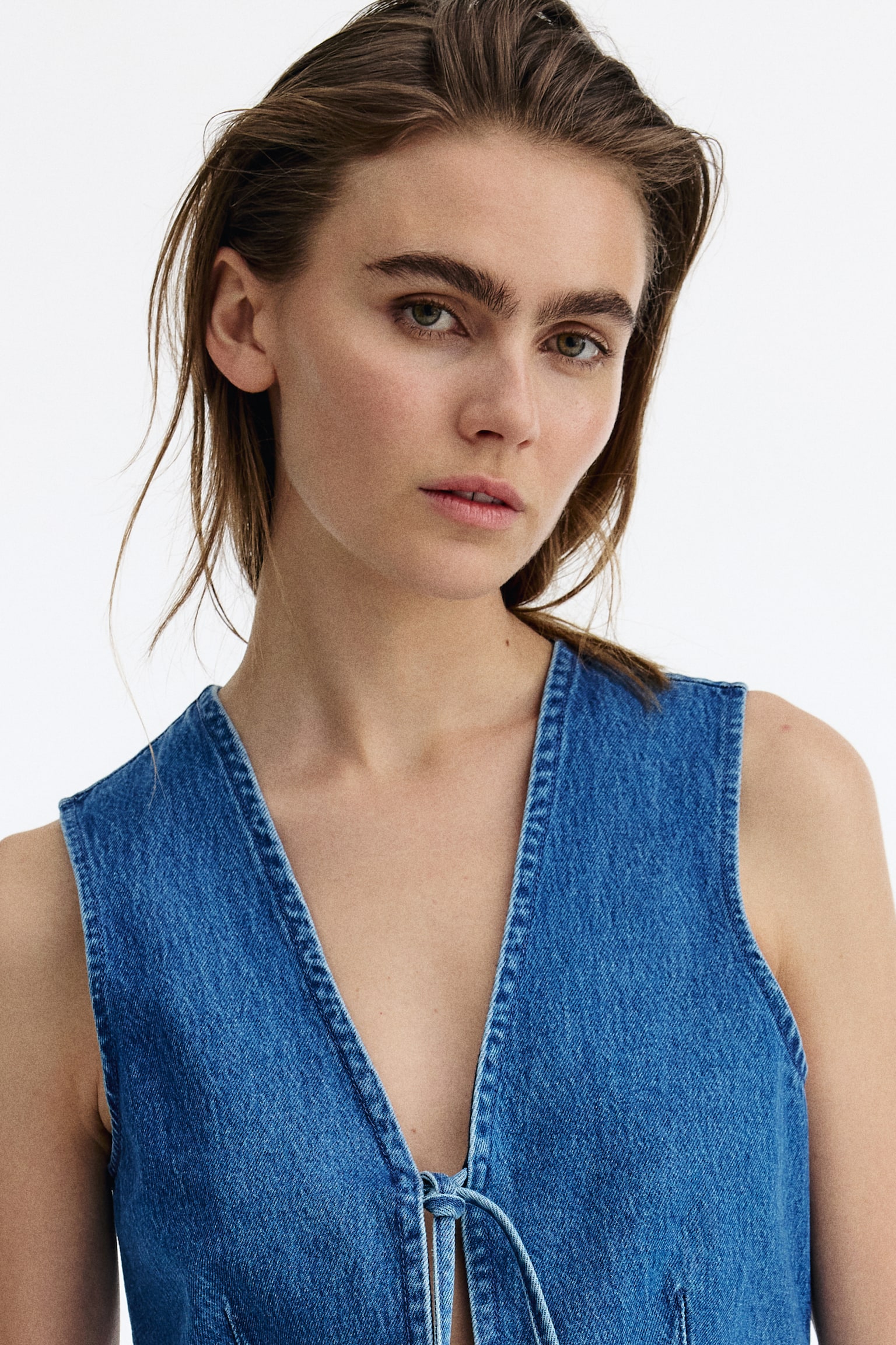 Tie-front denim waistcoat - Denim blue - 6