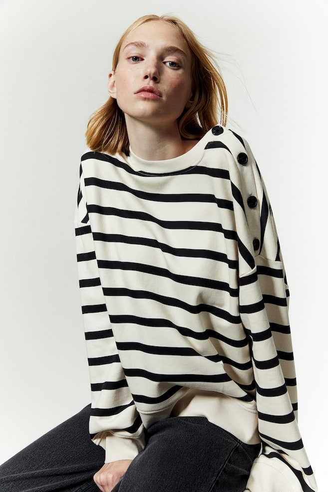 Button-detail sweatshirt - Light beige/Striped/Black/White striped - 1