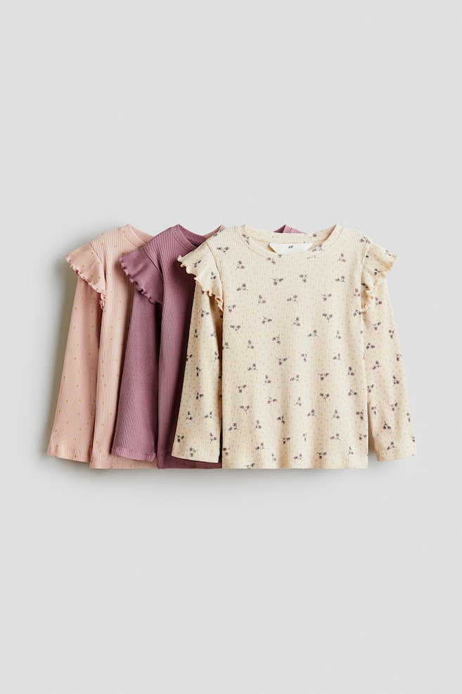 Lot de 3 tops volantés en jersey - Prune/fleuri/Violet clair/arcs-en-ciel/Rose clair/rouge foncé/cœurs/Rose clair/chevaux - 1