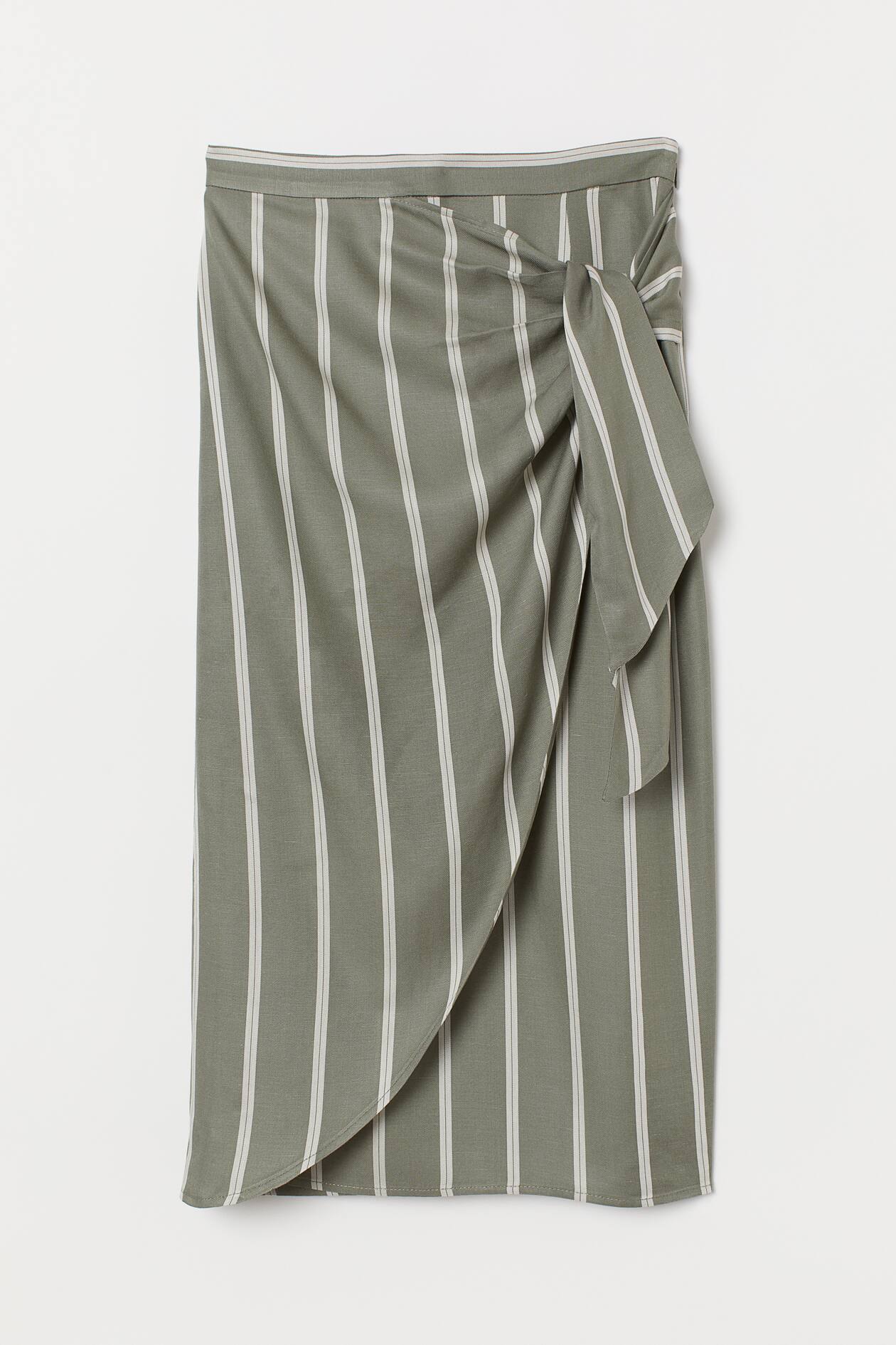 Draped wrapover skirt - High waist - Midi - Khaki green/Striped ...