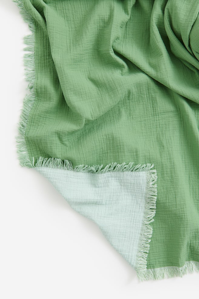 Fringed cotton muslin bedspread - Green/Royal blue/Pink - 2