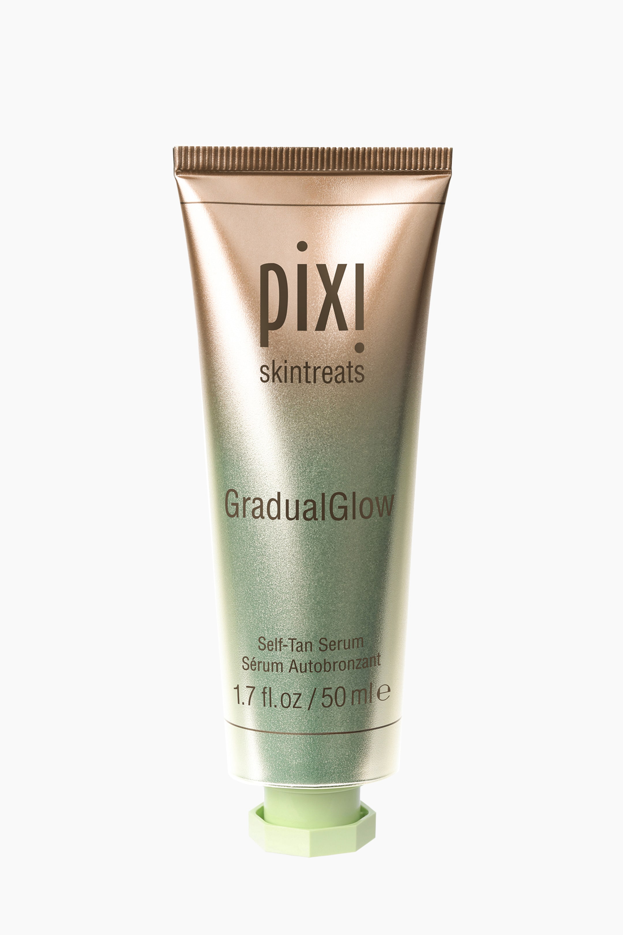 Visa större bild: En Pixi Skintreats GradualGlow self-tan serumtub står upprätt och vänd framåt, med en ombre-design som övergår från metallisk brons vid den veckade, räfflade toppen till dämpad grön vid botten. Den visar texten "Self-Tan Serum" och "1.7 fl.oz / 50 mle", och är försedd med ett ljusgrönt hexagonalt lock.