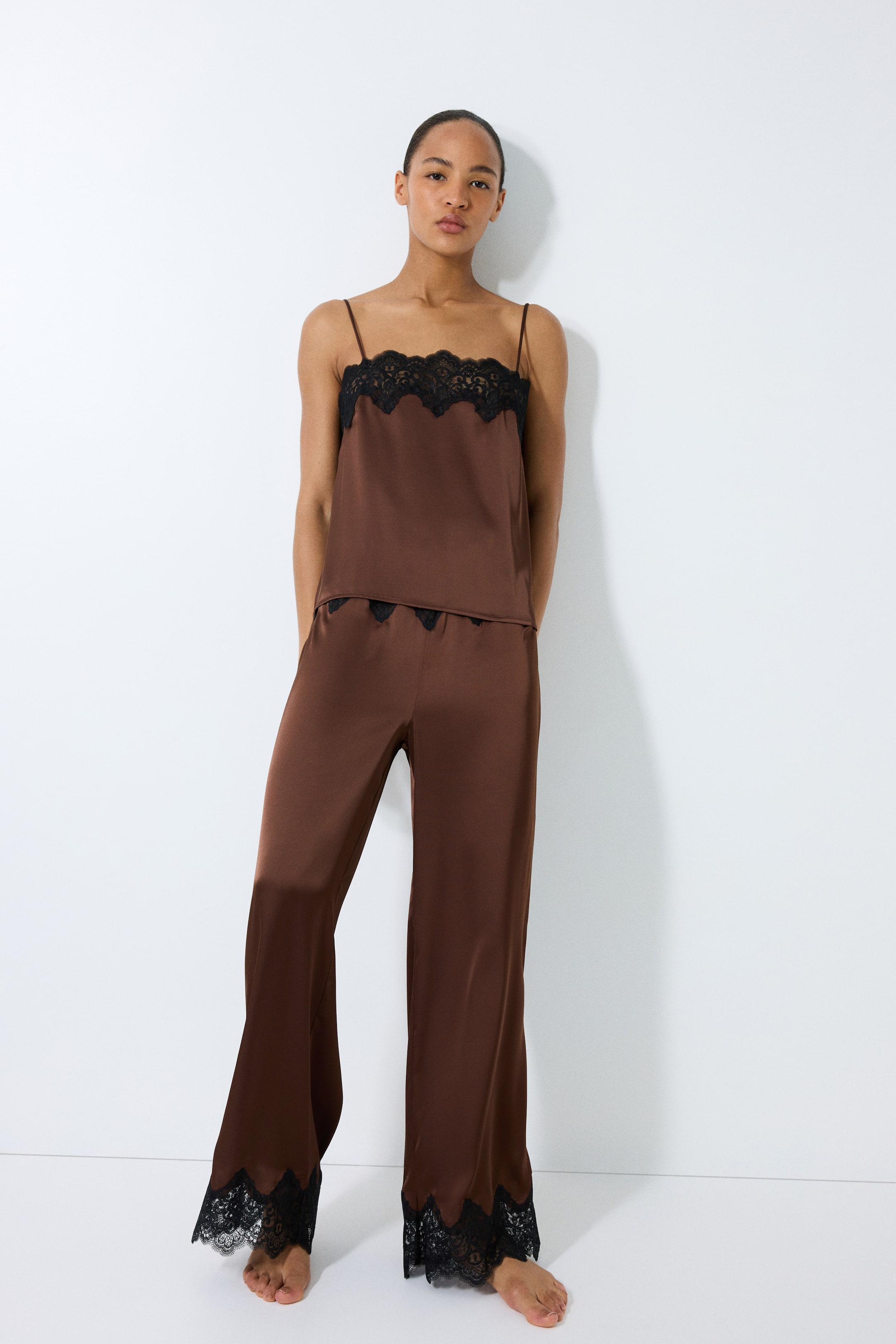 Lace-Trimmed Satin Pajama Top