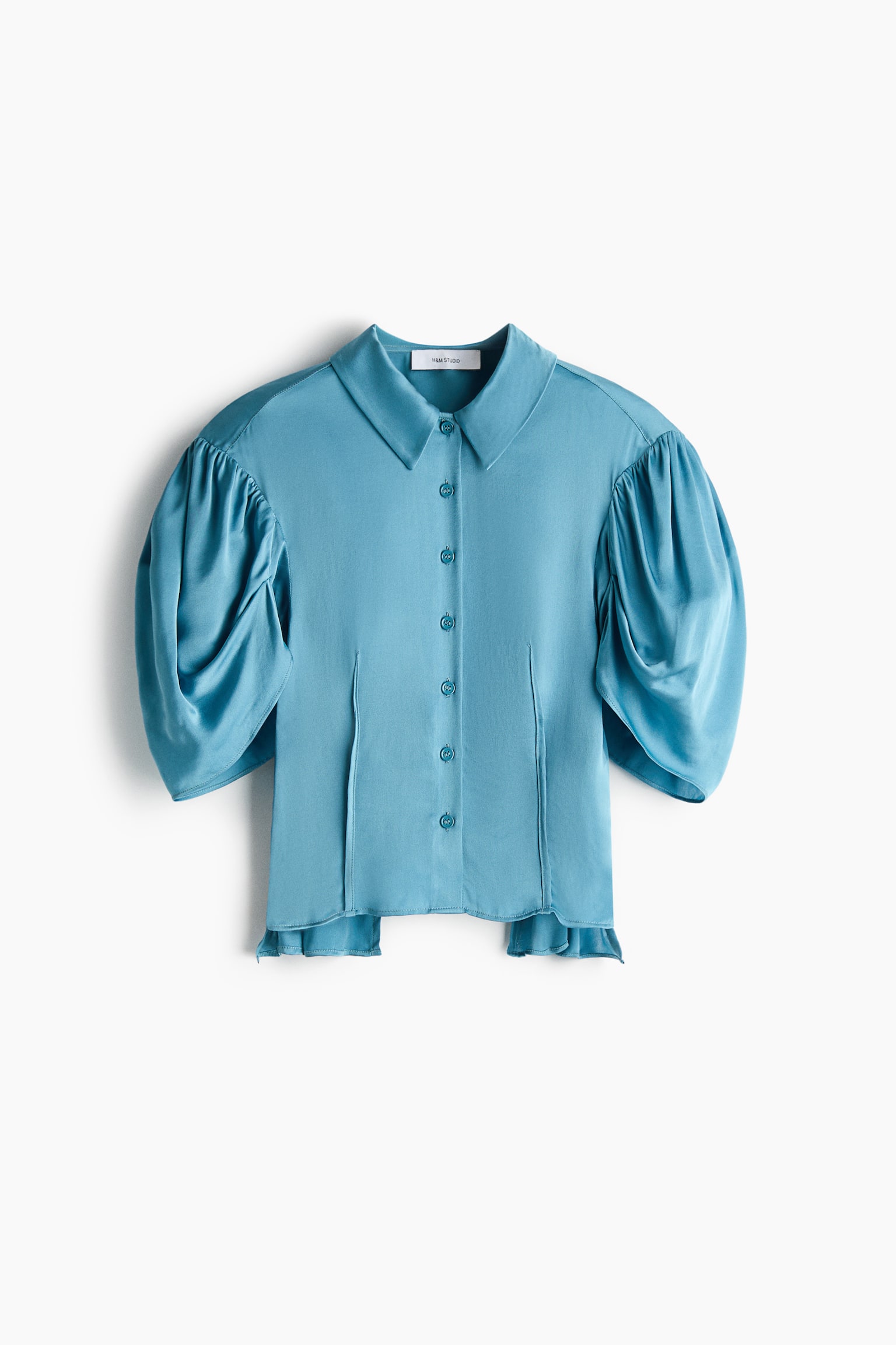 Bluse i satin med pufærmer - Turkis - 1