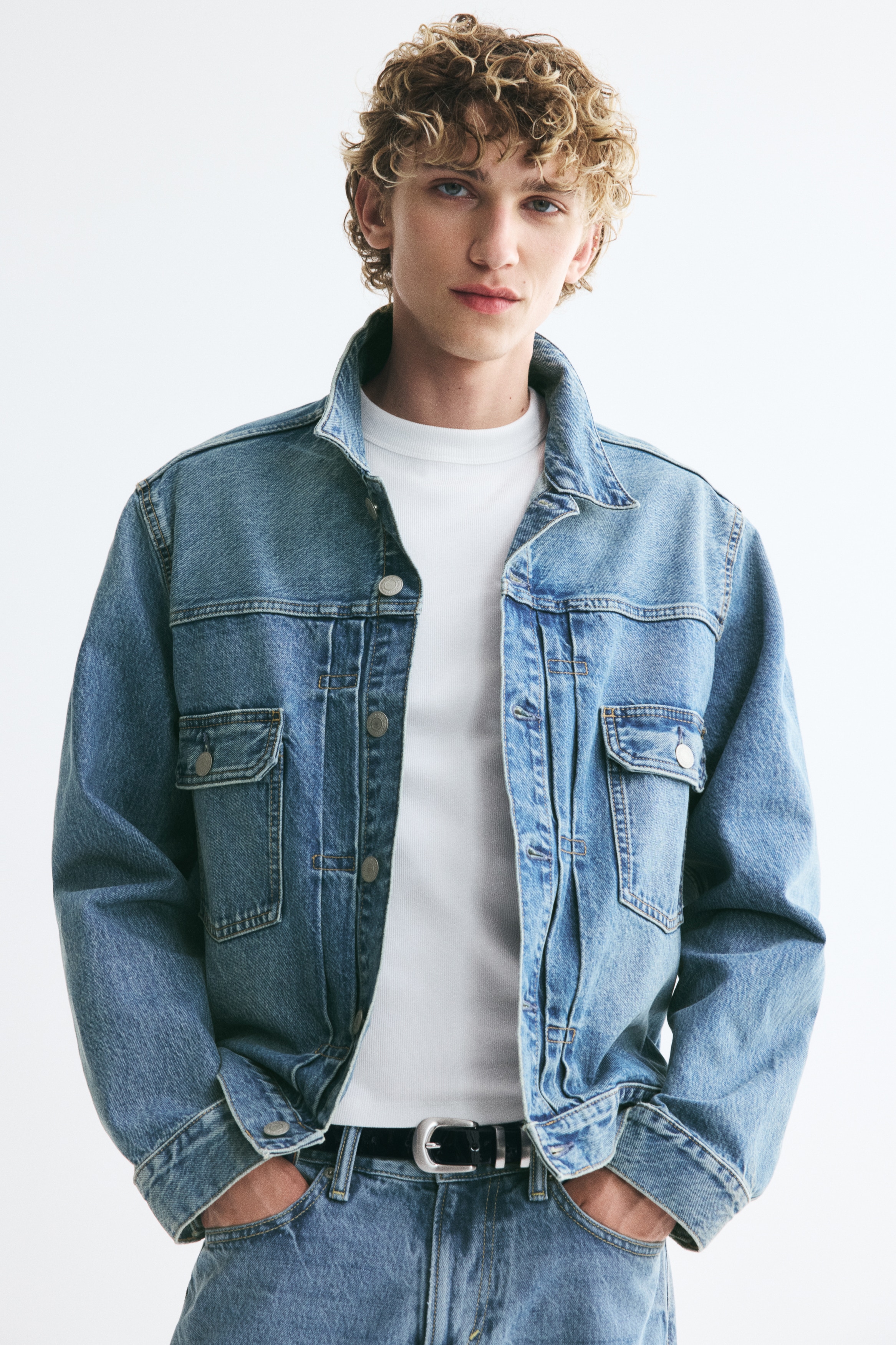 Jachetă în stil camionagiu din denim - Albastru-denim/Albastru-denim închis/Negru-denim