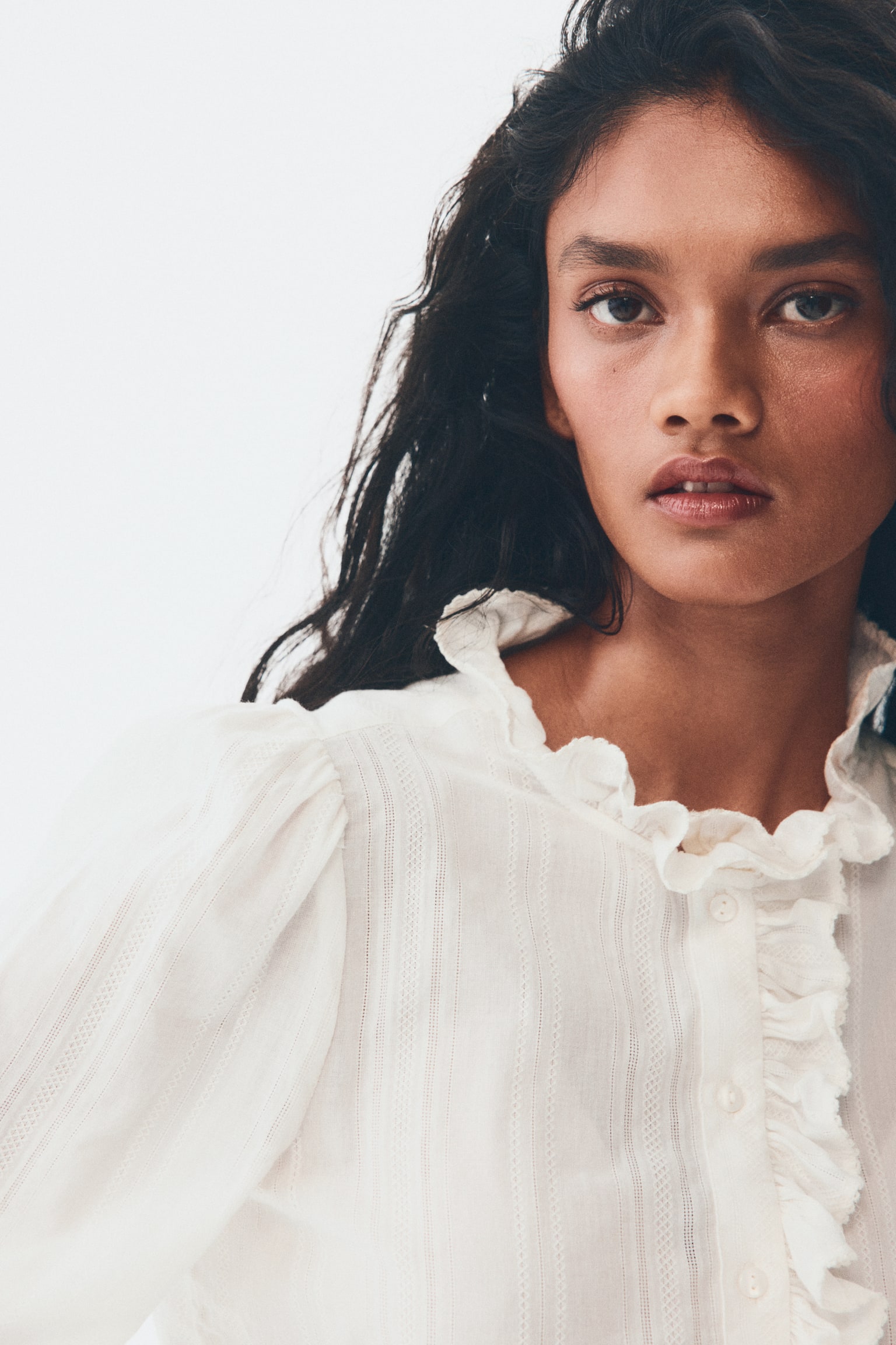 Frill-collared cotton blouse - White/Light pink/Light blue/Checked - 5