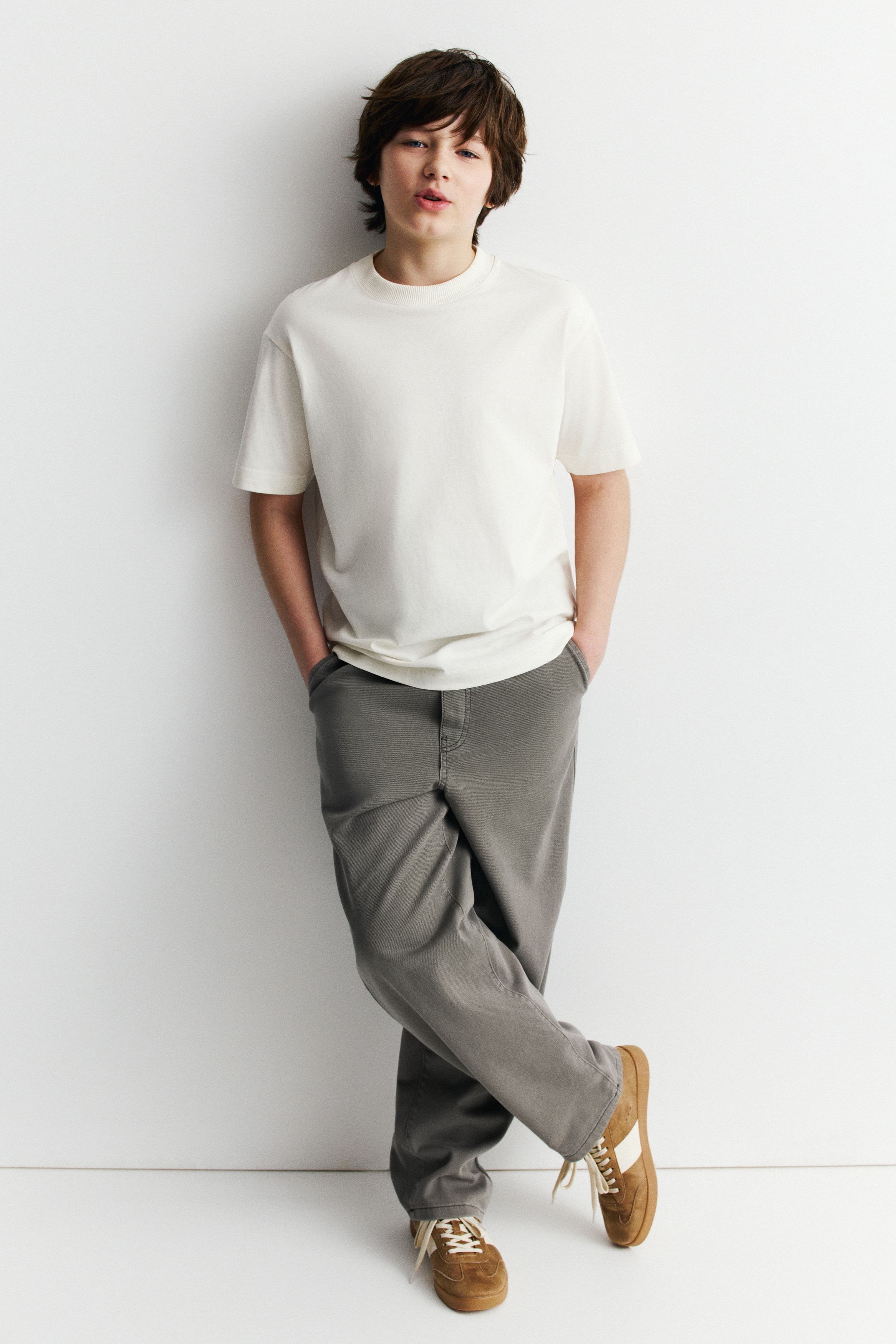 Joggers em sarja de algodão - Cinzento escuro/Preto/Creme