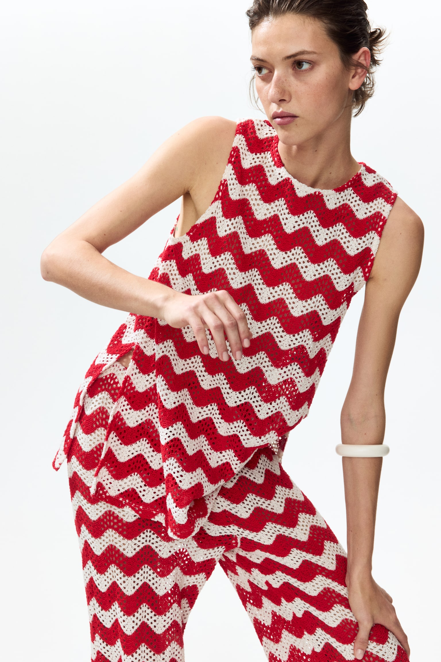 Crochet-look jacquard jersey top - White/Red striped - 5