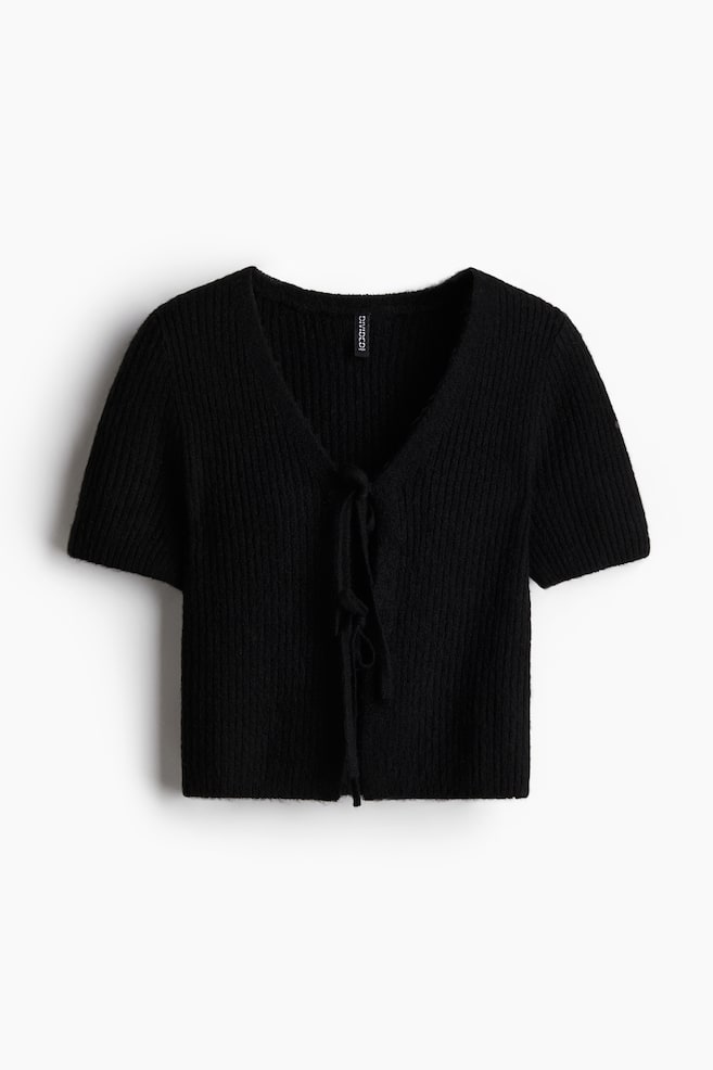 Tie-detail rib-knit top - Black/Cream - 1