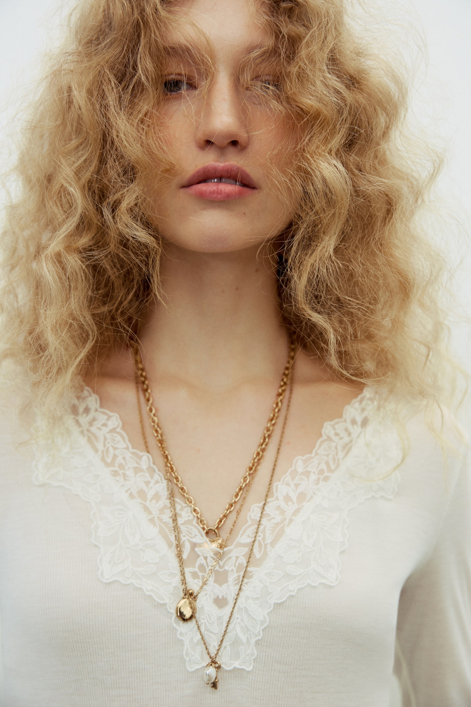 Lace-trimmed top - White/Dark brown/Dark grey marl - 4