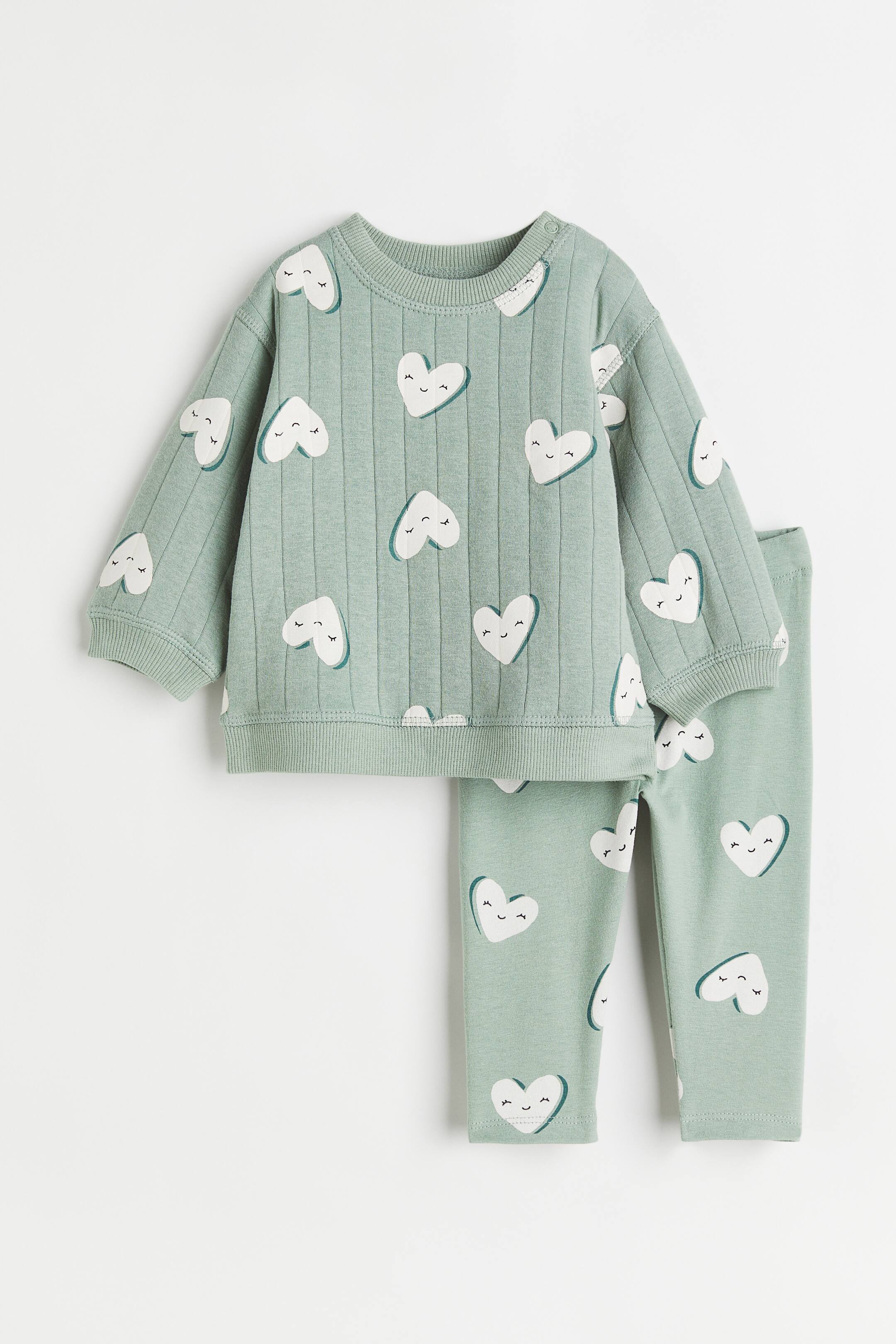 View larger image: 2-piece printed cotton set - Mint green/Hearts - Kids | H&M IE 1