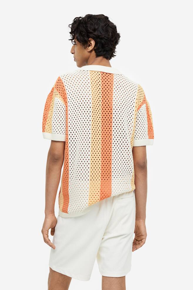 Relaxed Fit Hole-knit polo shirt - Orange/White striped/White - 5
