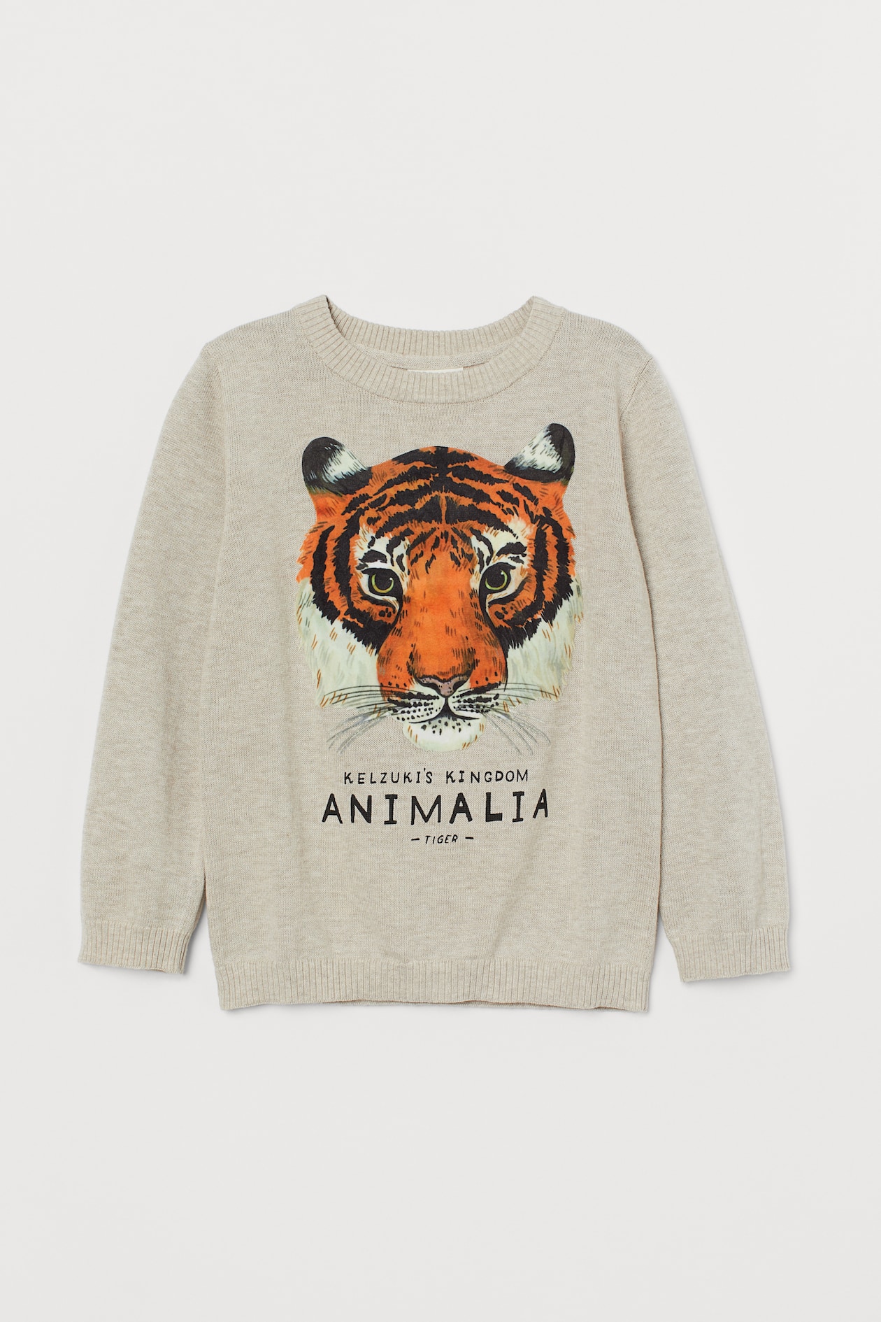 Knit Flock-print Sweater - Round Neck - Long sleeve - Light beige/tiger ...