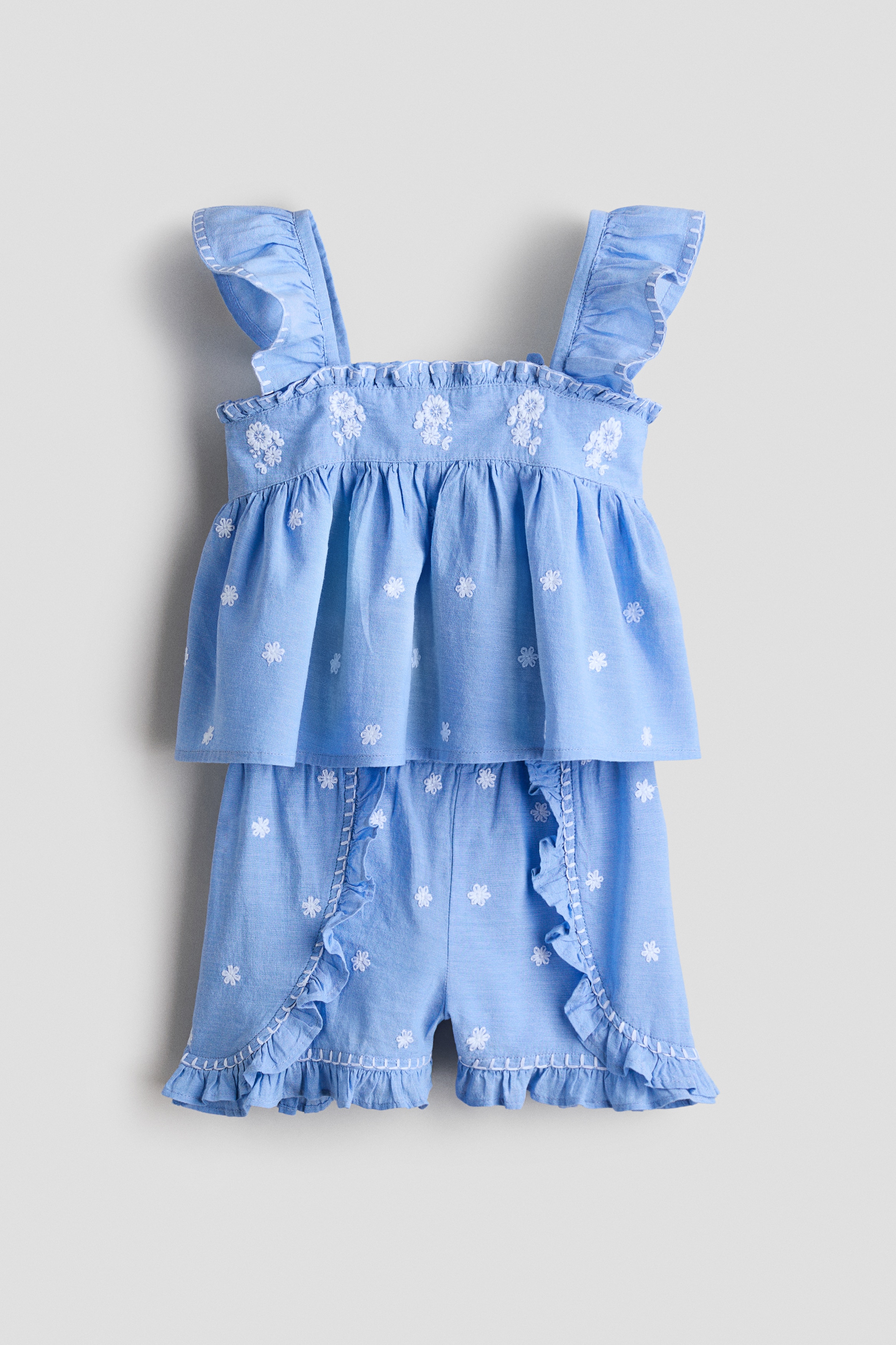 2-piece embroidered cotton set - Light blue/Floral