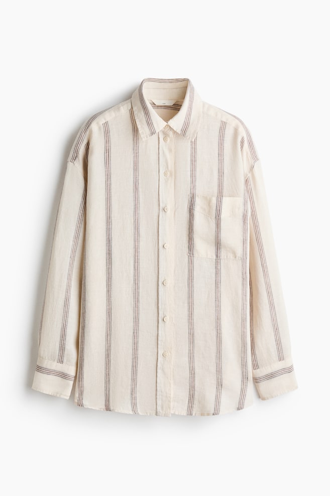 Oversized Linen Shirt - Light beige/striped - 1