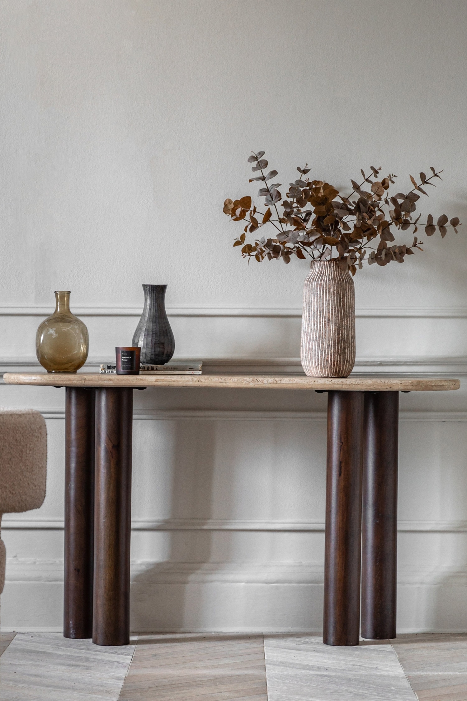 Travertine Top Console Table - Dark Wood