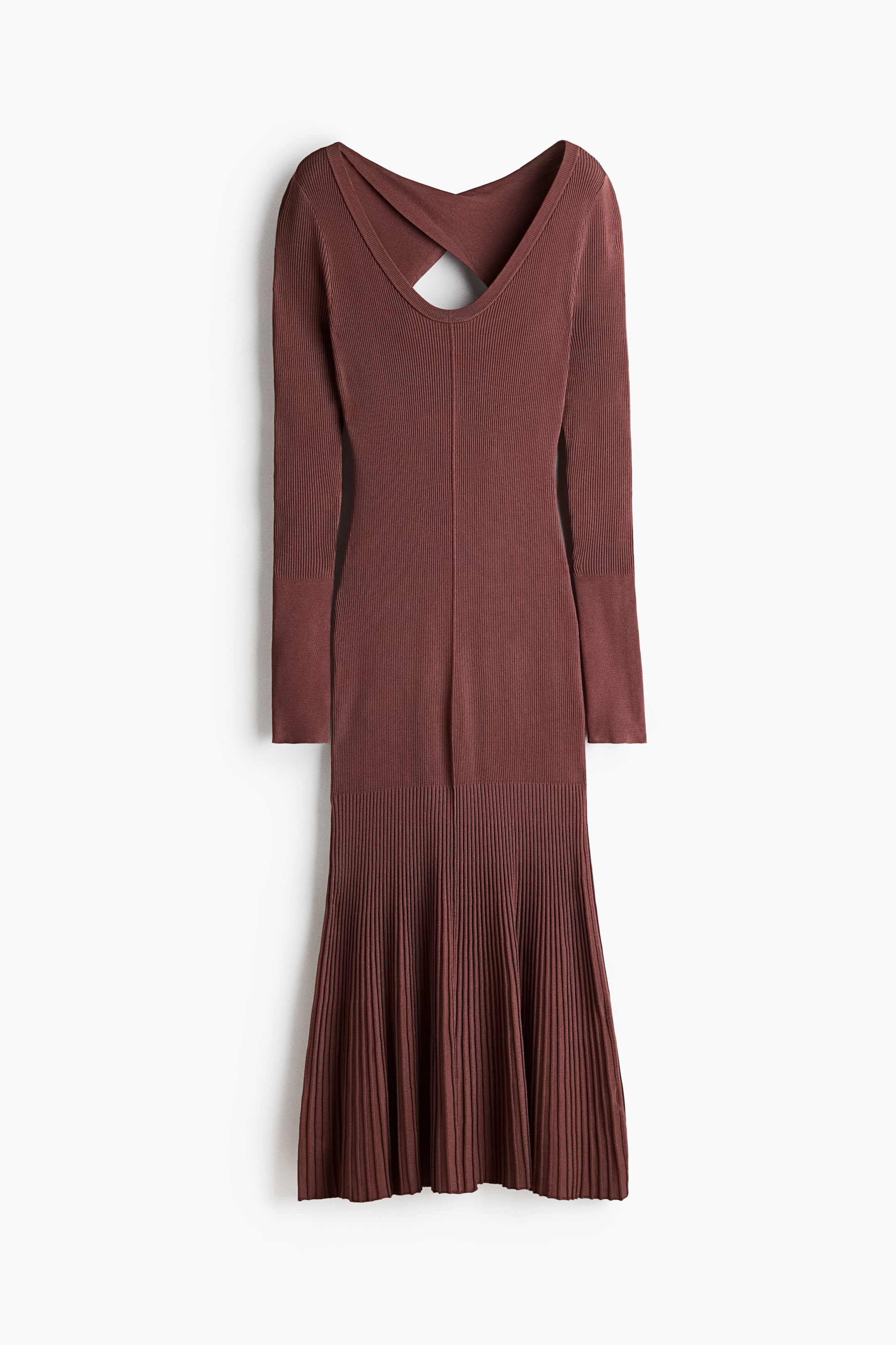 View larger image: A russet ribbed knit midi dress is displayed FRONT, featuring long sleeves and a V-neckline. The dress highlights a criss-cross strap detail at the upper back and a flared, pleated skirt at the bottom.