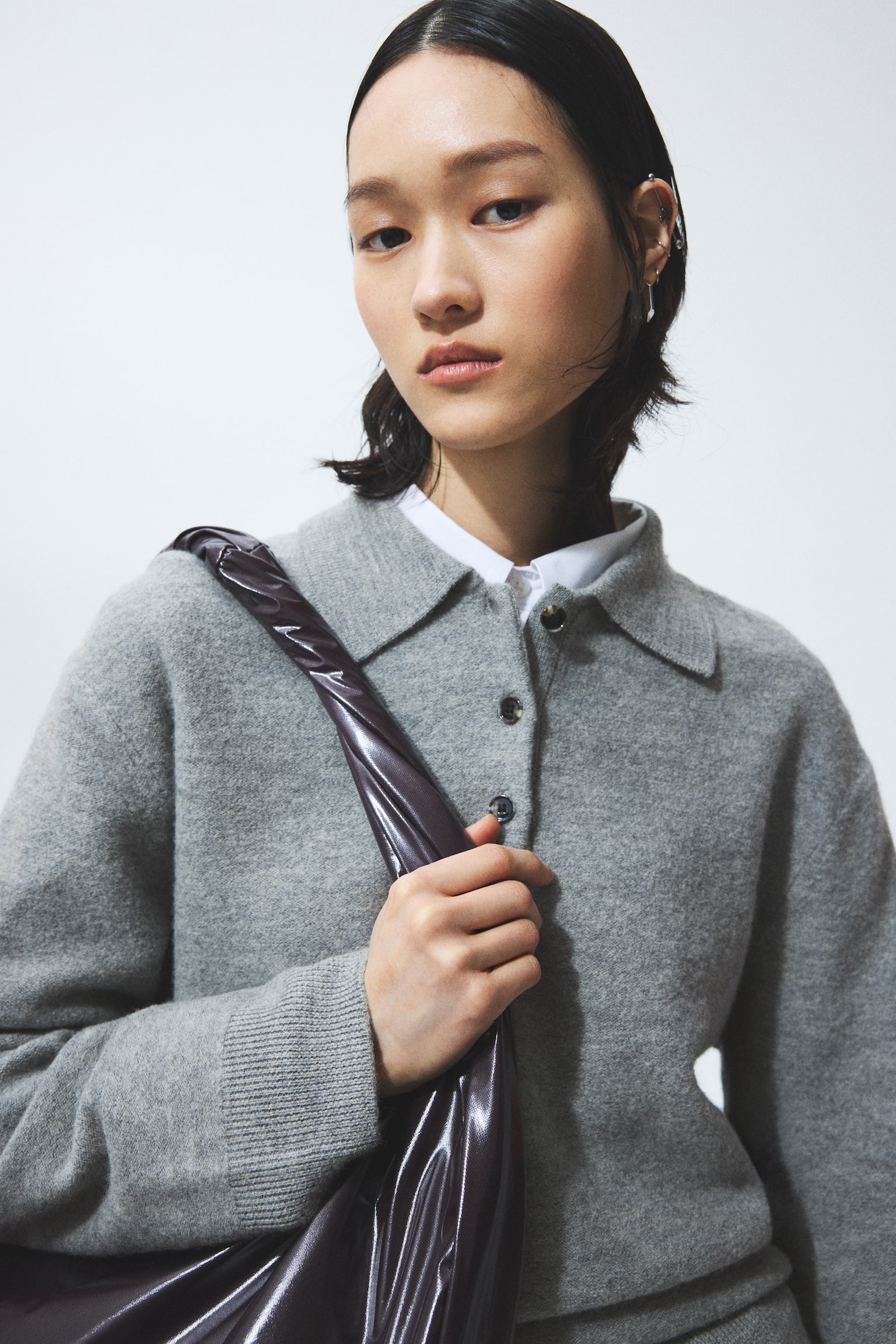 Wool polo jumper - Grey marl/Navy blue - 4