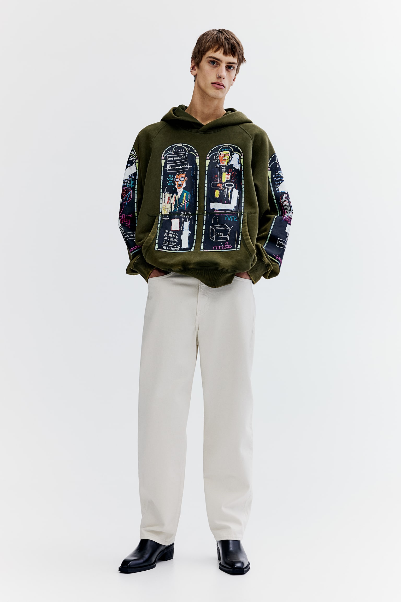 Oversized Fit Cotton hoodie - Khaki green/Basquiat - 1