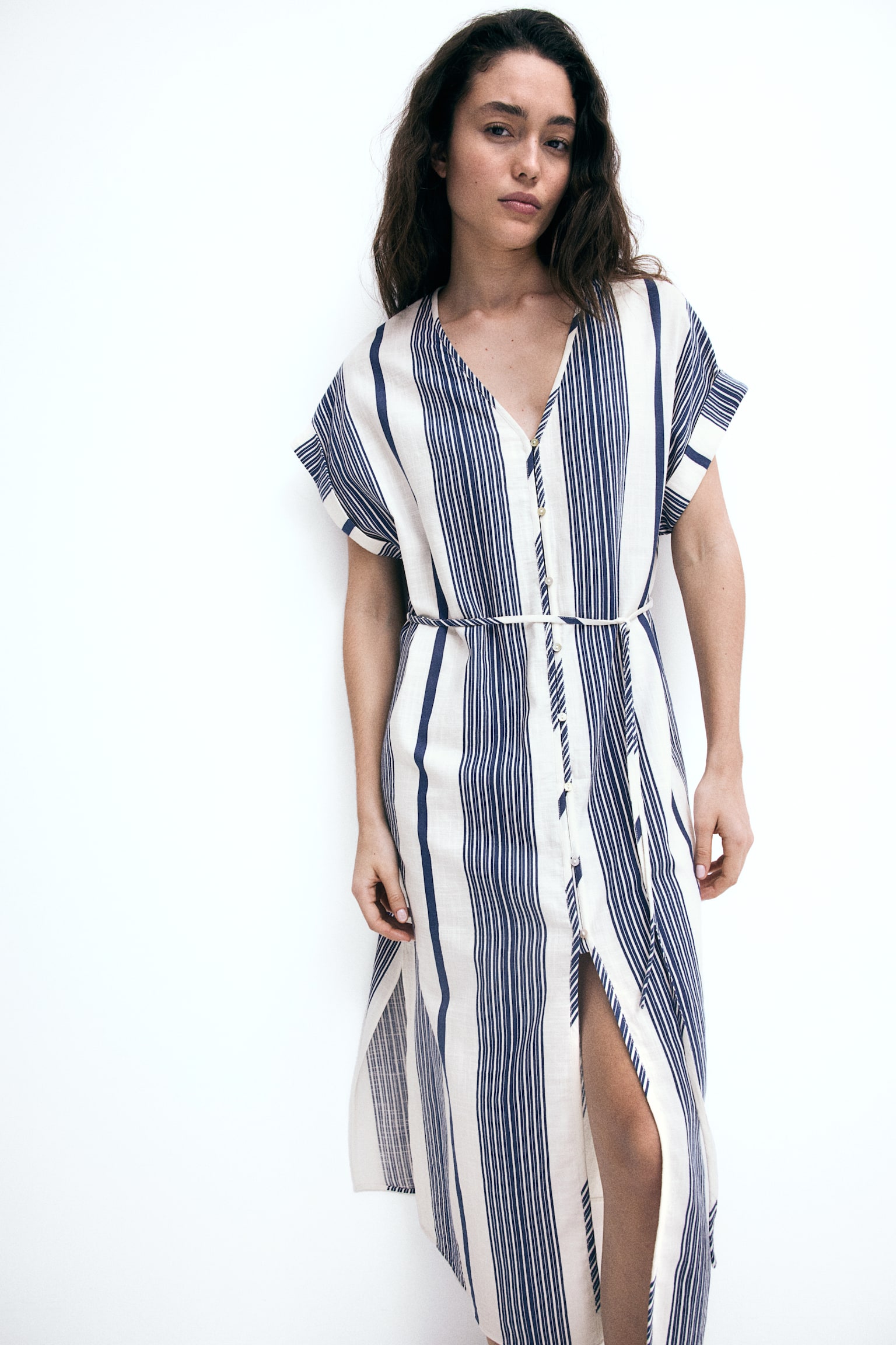 Button Front Crêpe Dress - White/Blue stripe/White/Red stripe - 5