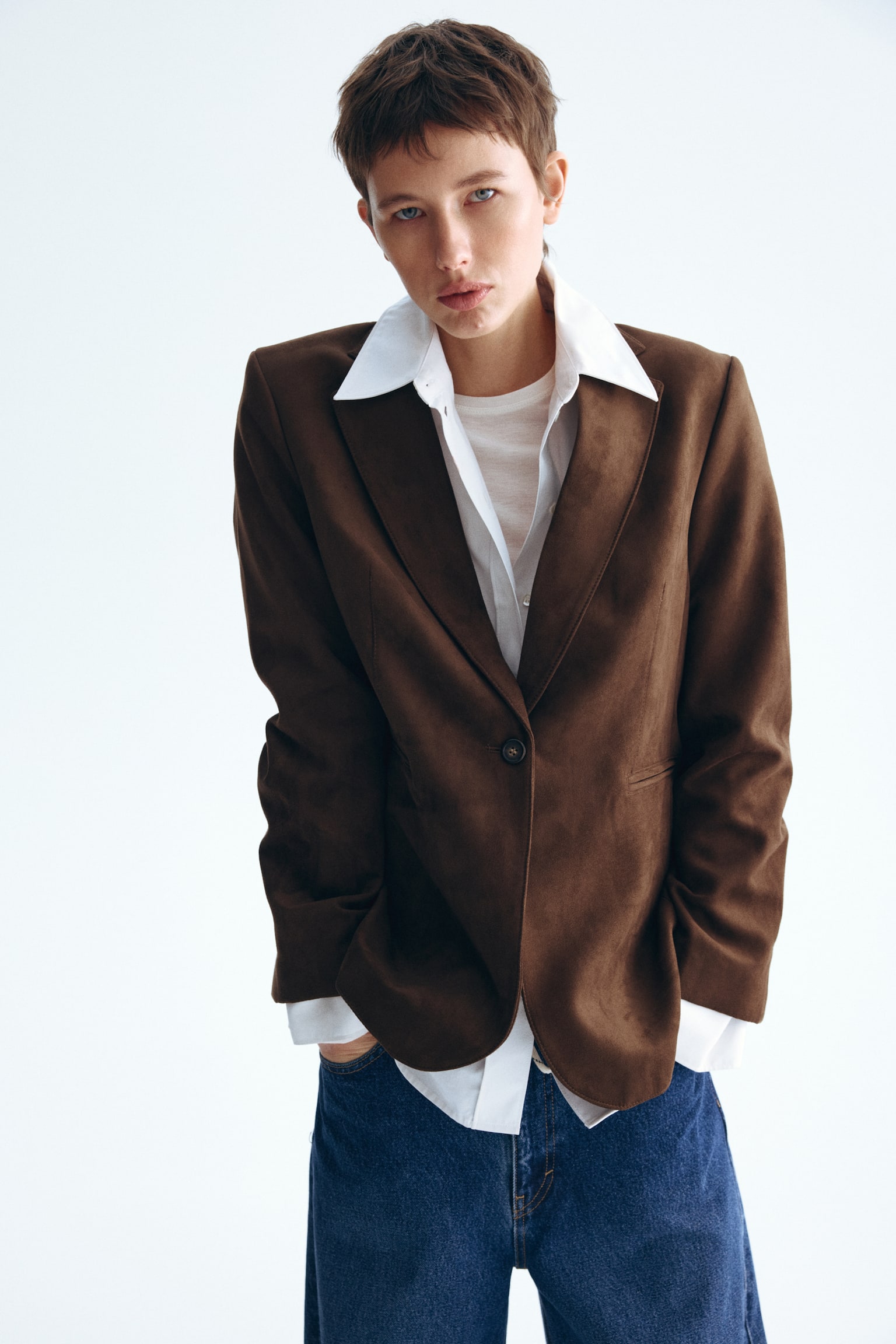 Однобортний блейзер - Темно-коричневий - 6