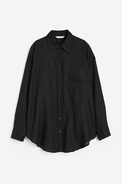 Oversized linen shirt - Long sleeve - Regular length - Black - Ladies ...