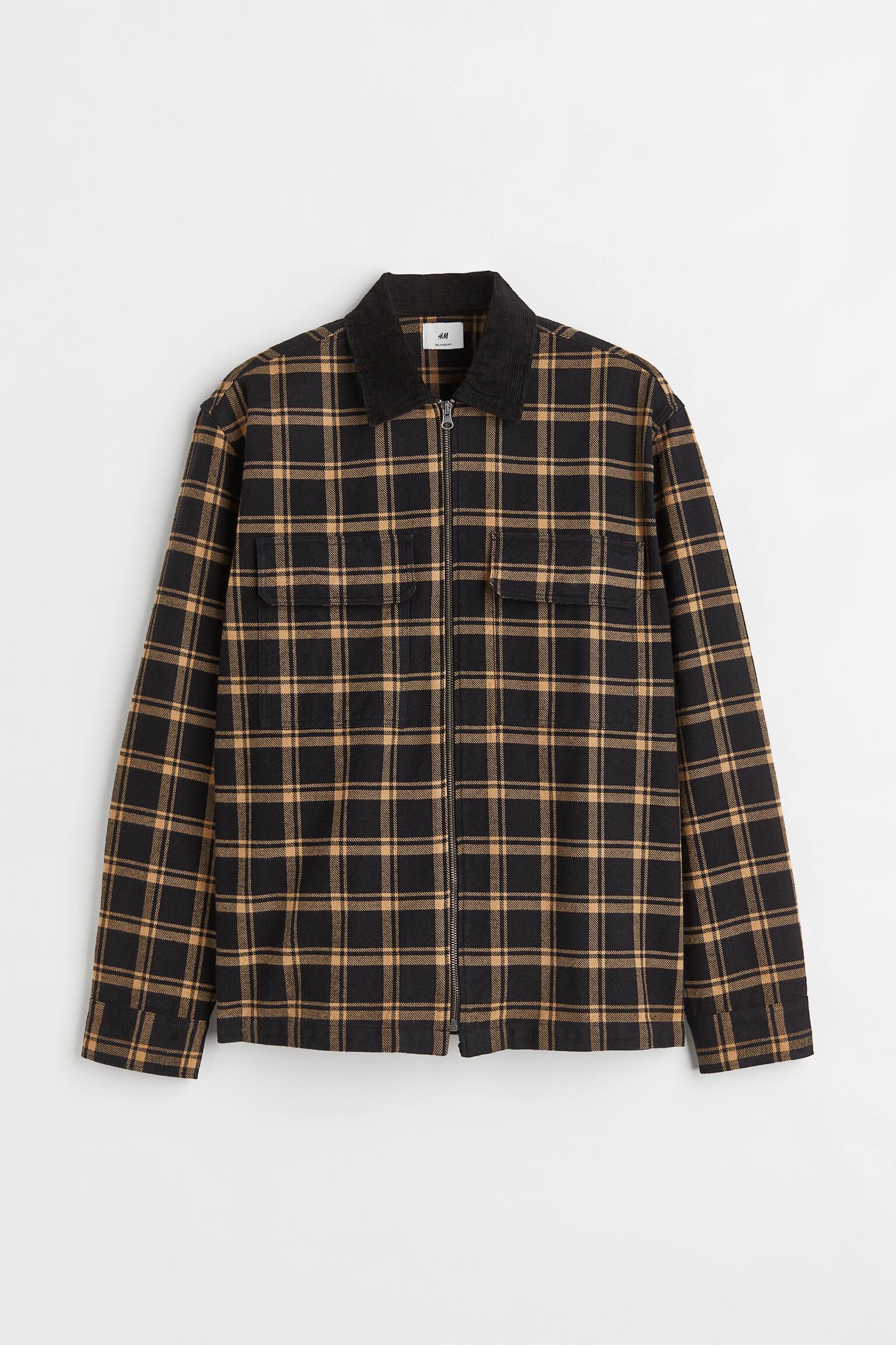 Relaxed Fit Twill Overshirt - Black/beige plaid - 1