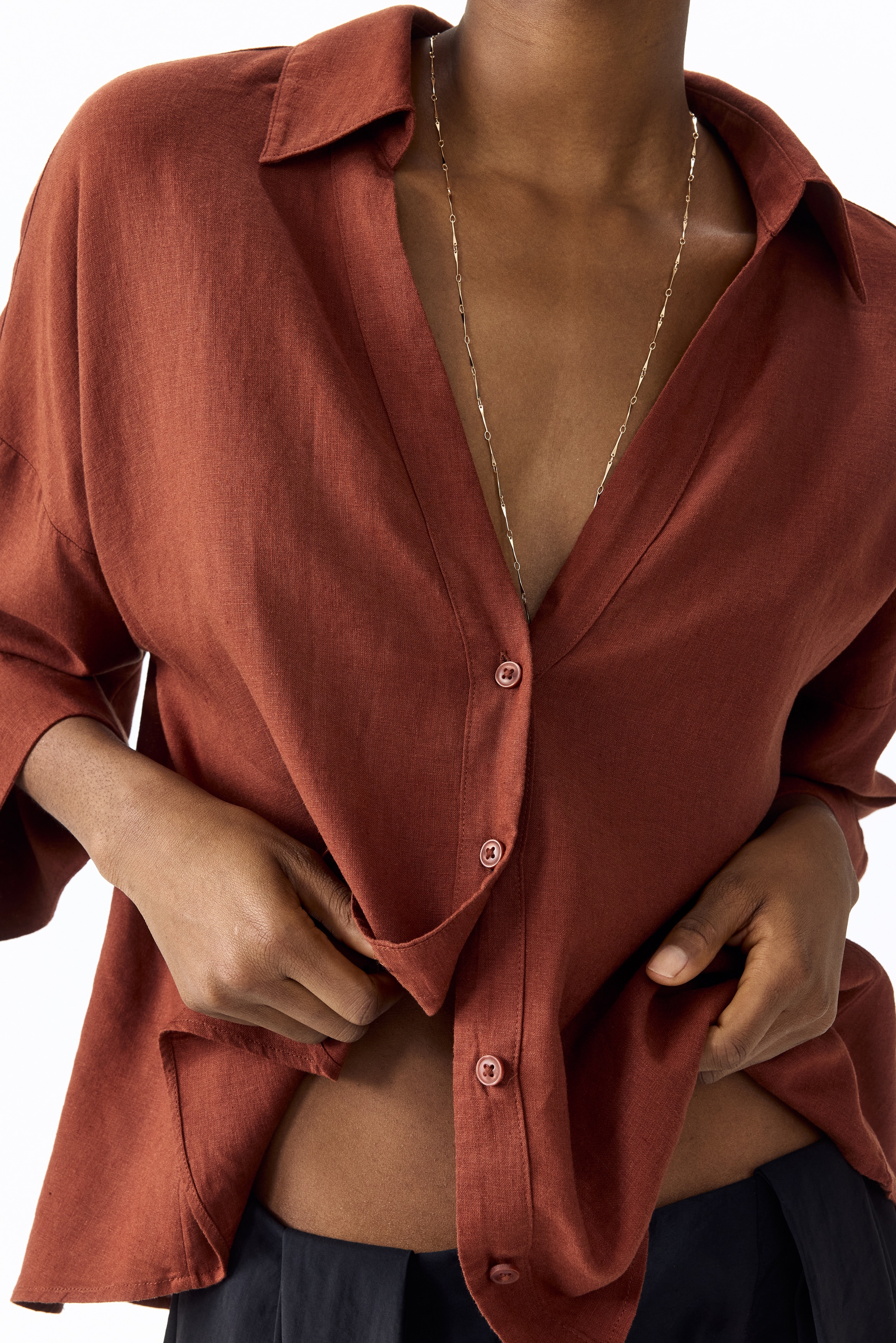 Overhemdblouse van linnenmix - Bruin/Lichtroze/Lichtblauw