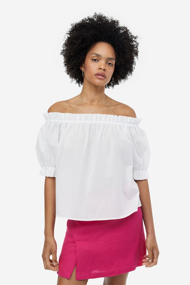 Frill-trimmed off-the-shoulder top - White/Blue/Striped/Cerise/Green - 1
