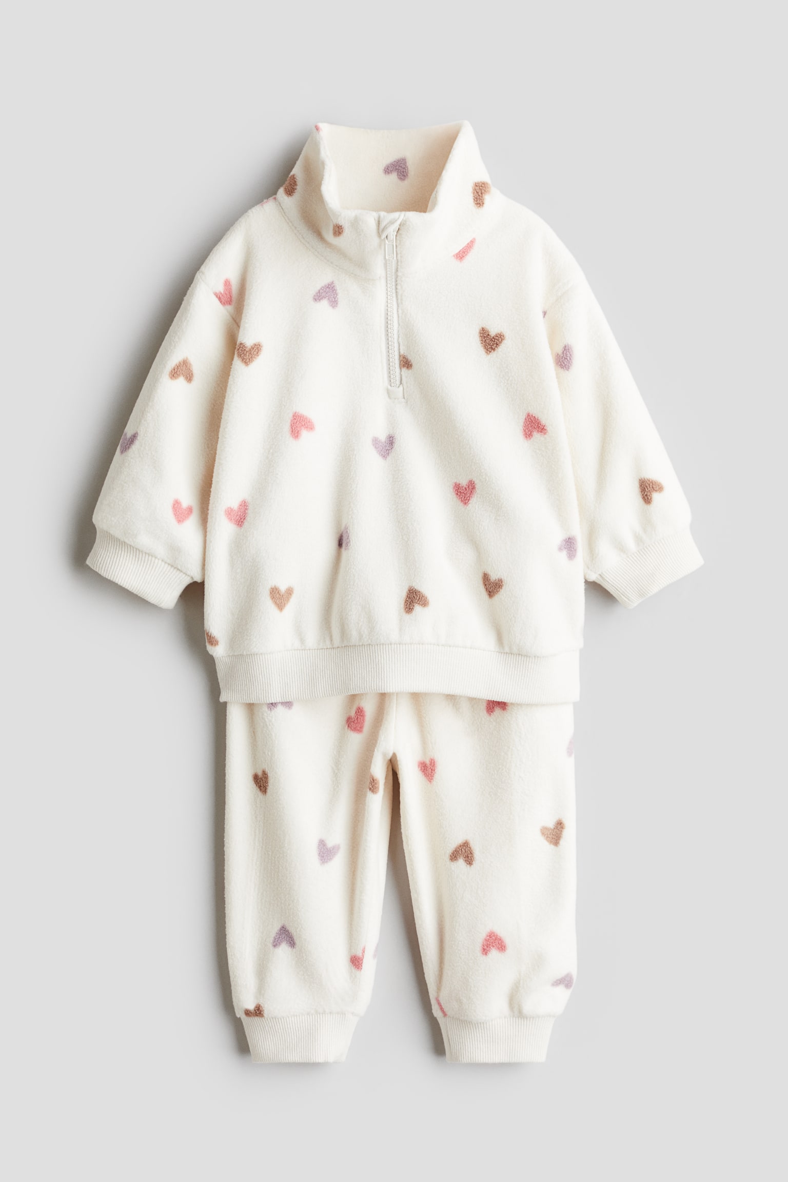 2-piece fleece set - Cream/Hearts/Turquoise/Navy blue/Dusty pink/Beige - 1