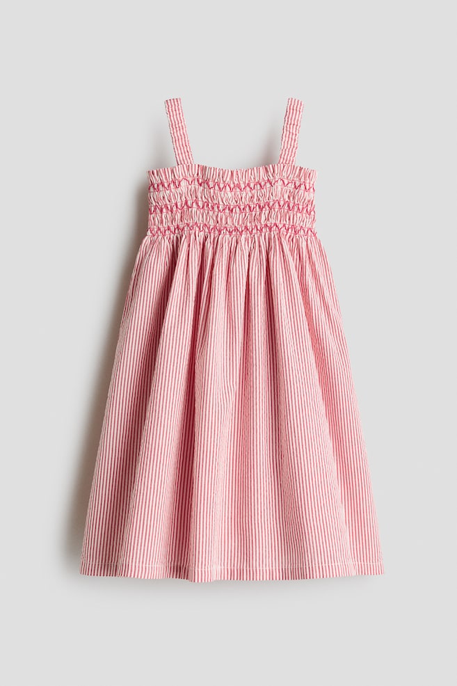 Smocked strappy dress - Red/Beige striped - 1