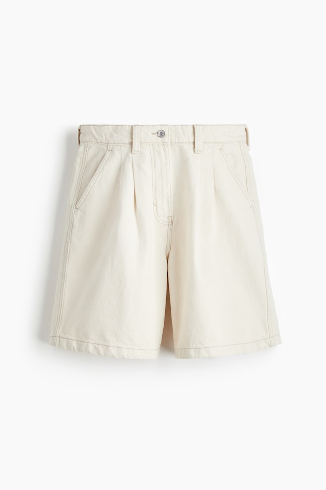 Pleated Denim Shorts - Cream - 1