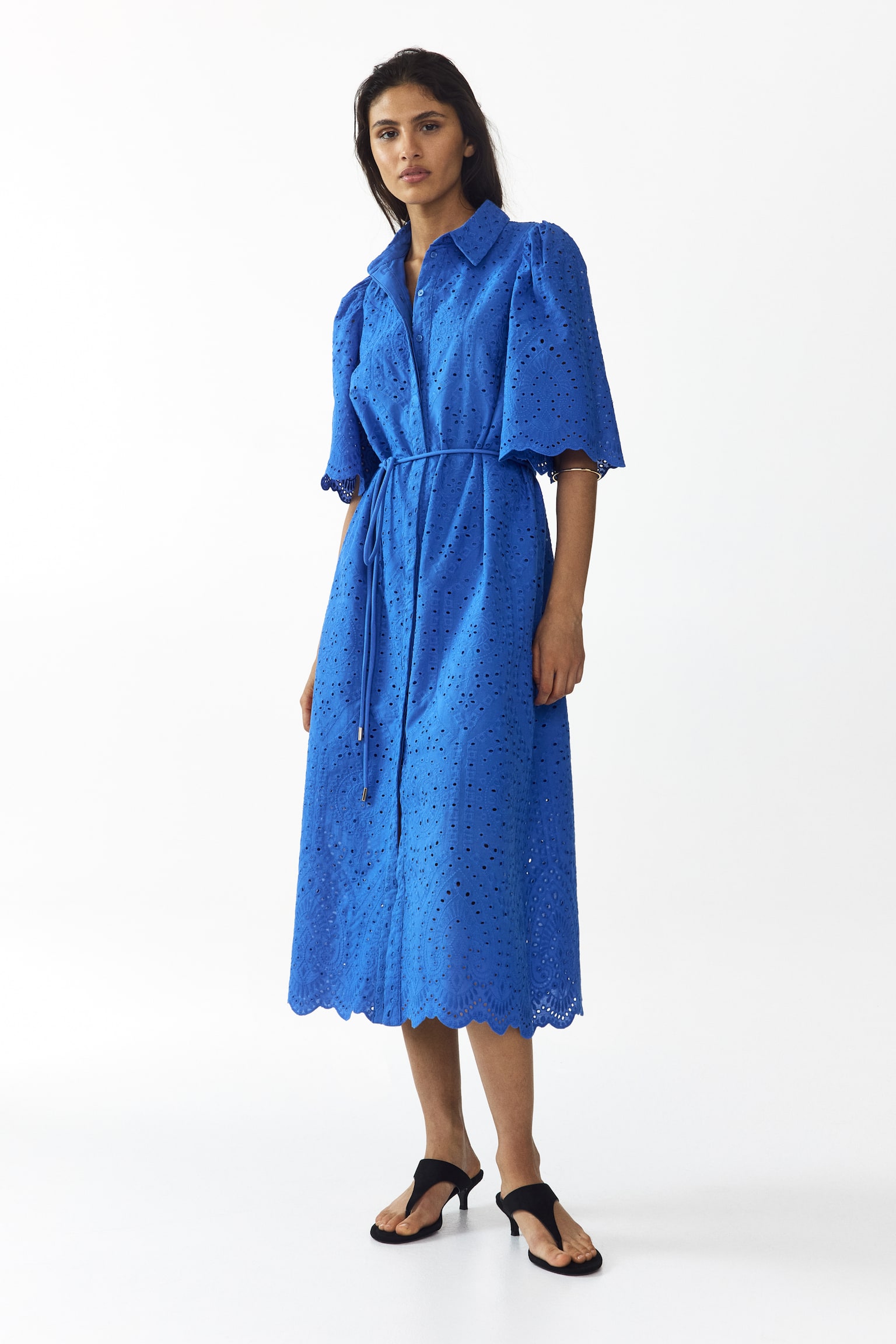 Broderie-anglaise cotton shirt dress - Bright blue/Navy blue - 3