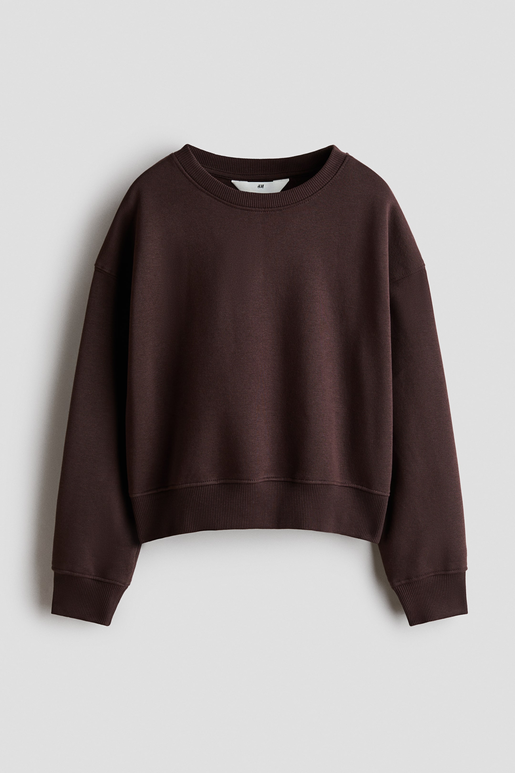 View larger image: A dark brown, loose-fit sweatshirt is shown from the front, featuring a round ribbed neckline, dropped shoulders, and long sleeves. The garment presents a relaxed, boxy silhouette with thick ribbed cuffs and a matching ribbed hem.