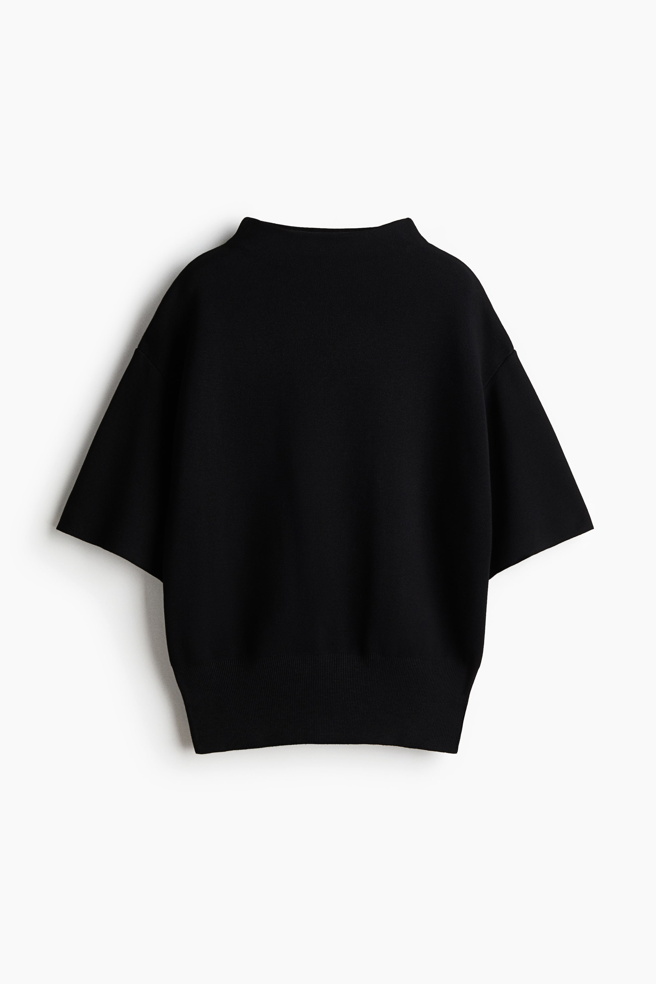 View larger image: A black knit top is showcasing its back view, featuring a mock neck, wide short sleeves, and a ribbed hem.