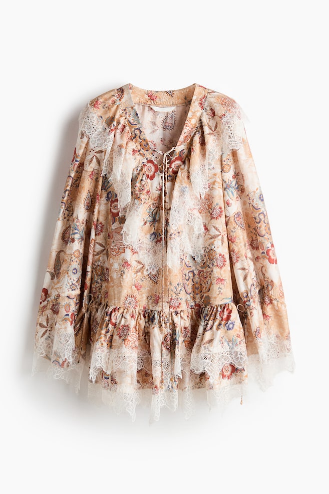 Vestido con ribetes de encaje - Beige/Estampado - 1